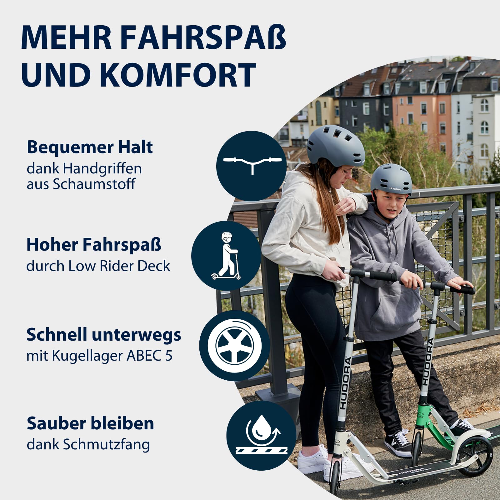 HUDORA BigWheel Pure Scooter I Stabiler Aluminium-Roller mit Ständer I Höhenverstellbarer & zusammenklappbarer Cityroller für bis zu 100kg I Tretroller für Jugendliche und Erwachsene