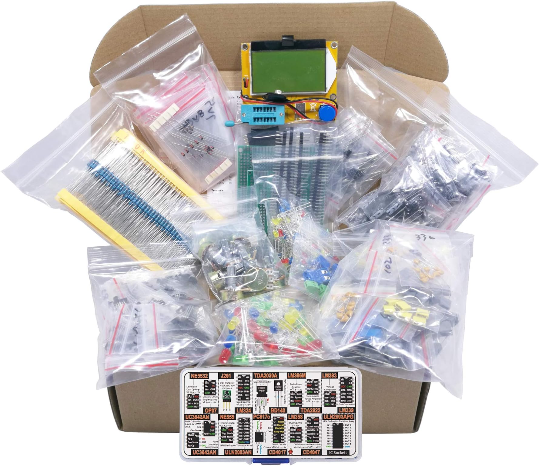 XL Electronic Component Kit Assortment, Capacitors, Resistors, LED, Transistors, Diodes, Zener, Potentiometers, Cutter, LCR-T4 Component Tester, 1795 pcs