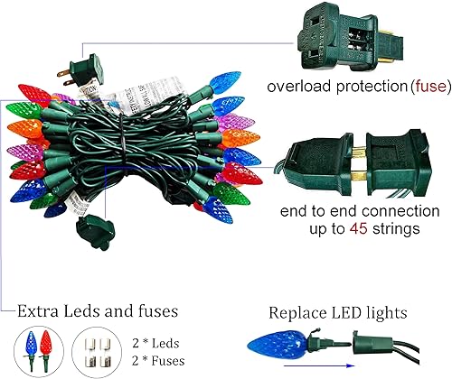 Miniatura 6 de Luces de Navidad C6, 50 luces LED de fresa, luces C6 multicolor de 18 pies, luces de hadas para exteriores, interiores, jardín, patio, hogar,