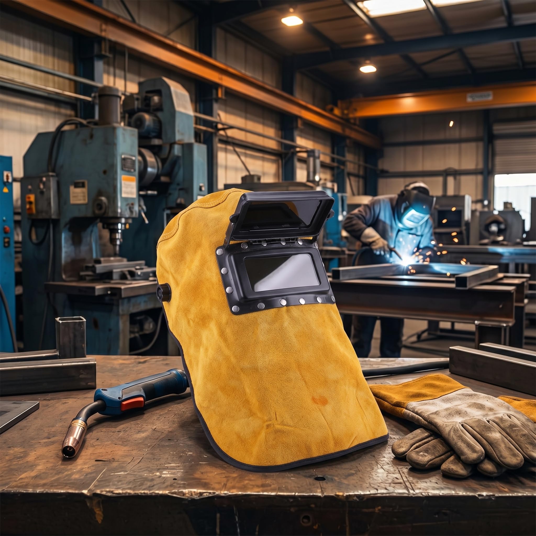 Máscara de Soldadura Soldadora de Cuero Casco Soldadora Durable Buena Calidad Resistente al Calor Máscara de Protección Transpirable con Lente