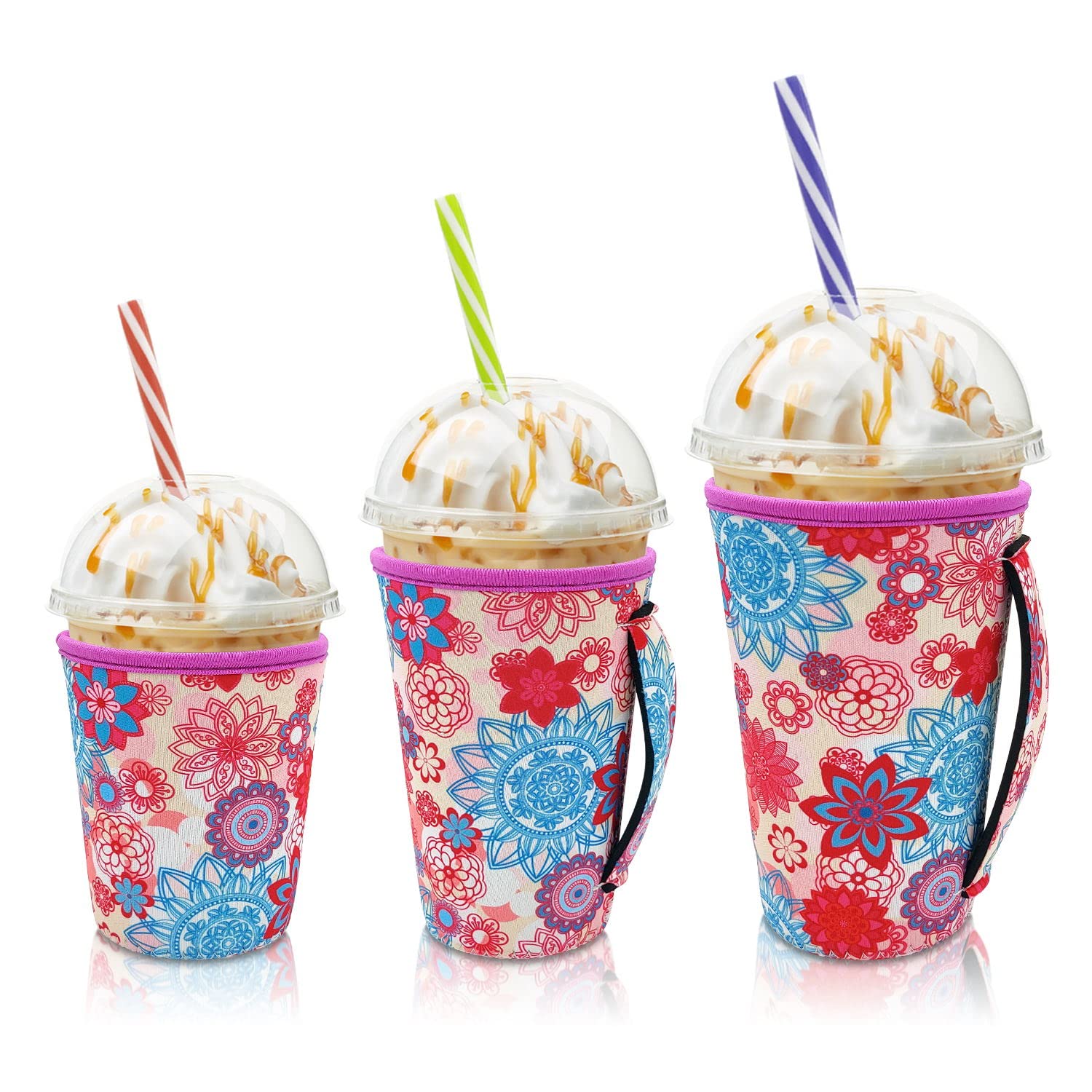 Iced Coffee Sleeve Insulator Sleeves for Cold Drinks Beverages, 3 Pack Reusable Neoprene Cup Sleeve with Handle for 16-32oz Coffee cups, Fantasy Flower