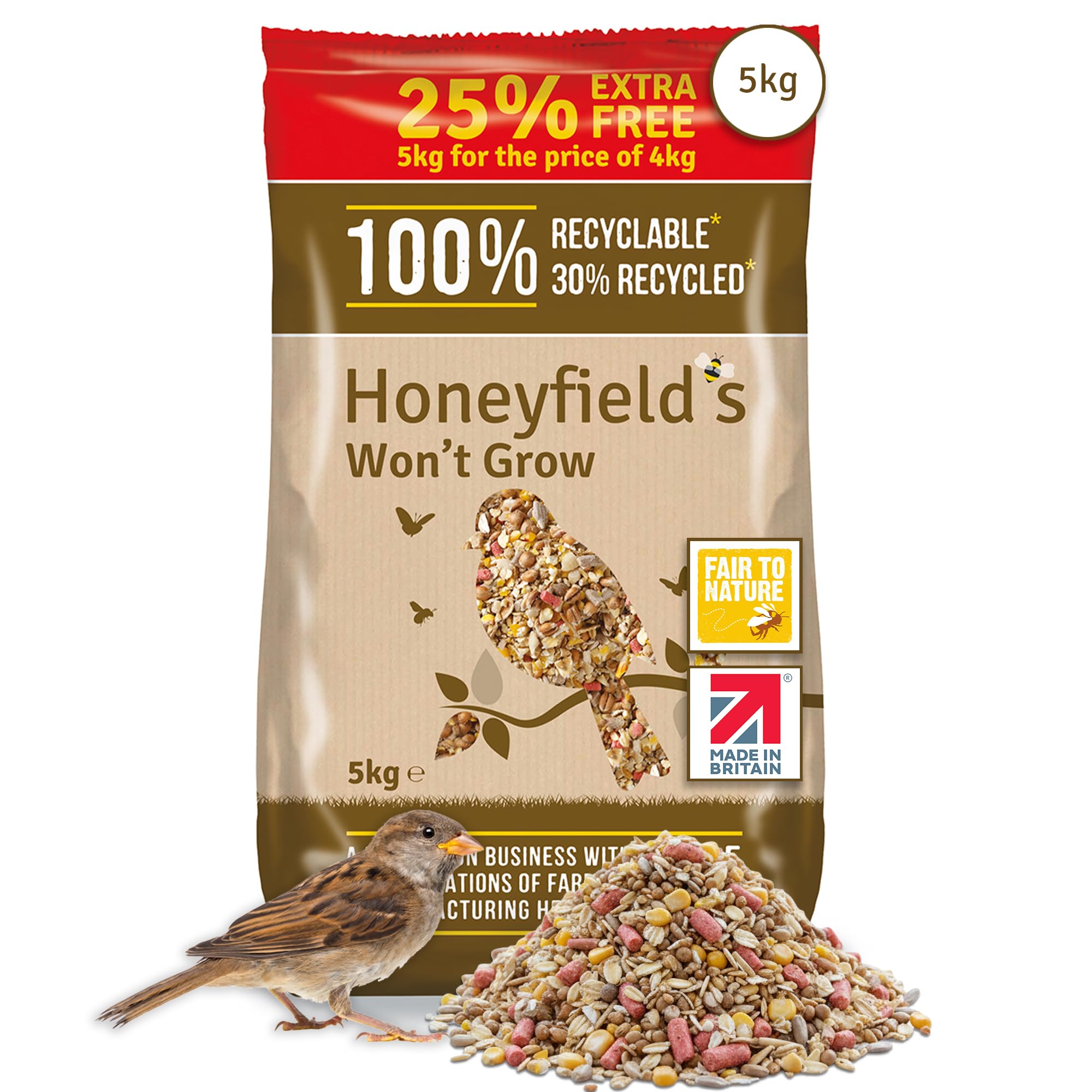 – No Grow Bird Seed Mix for Wild Birds - Wild Bird Food for Small Birds for Patios and Non-Grass Areas, Kibbled Sunflower Hearts, Kibbled Peanuts, Ground Feeding and Bird Tables (5kg) - Honeyfield’s