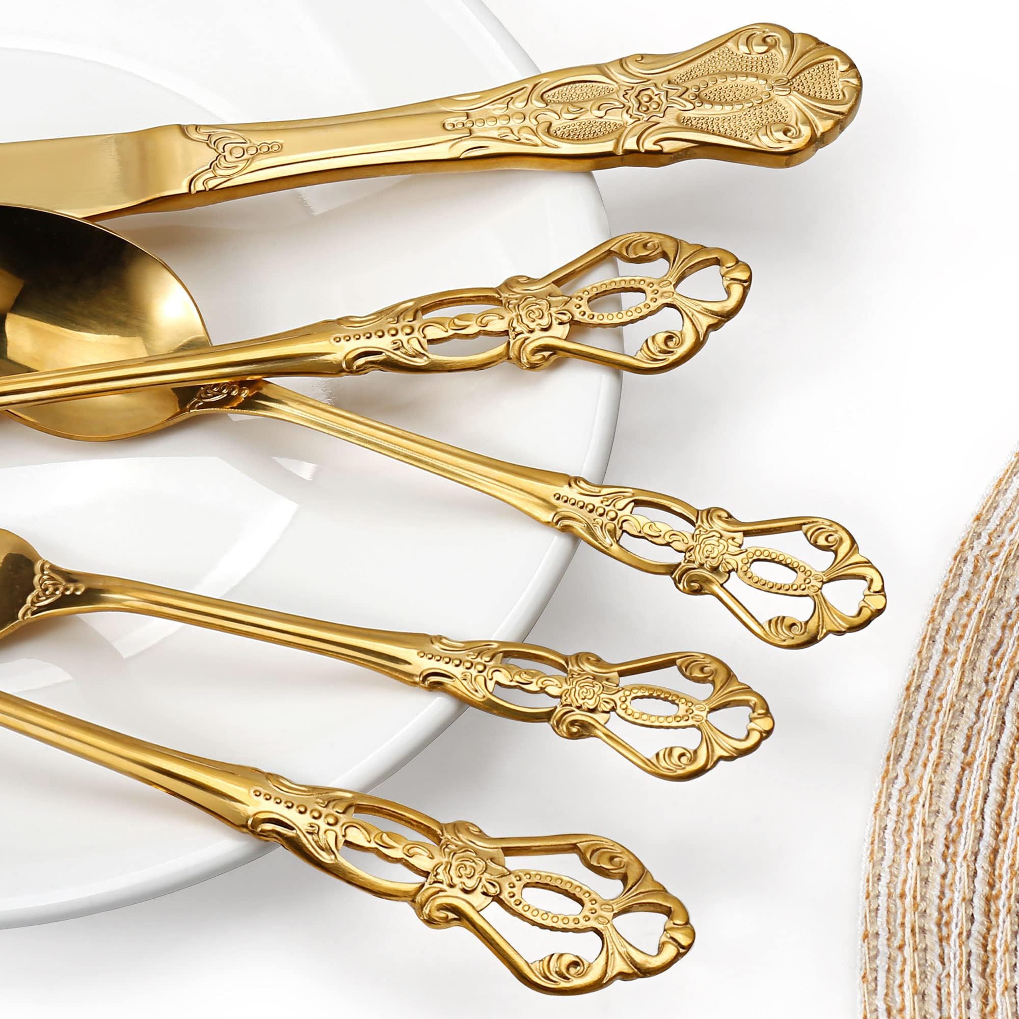 Besteck Set, Goldenes Besteck 60-teilig, Besteck Set 12 Personen aus Edelstahl, Vintage Palast-Stil Besteck Gold Spülmaschinenfest & Hochglanzpoliert Besteckset für alle Anlässe, Geprägte Griff