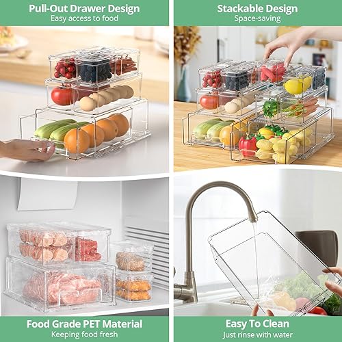 Miniatura 5 de damynuo Paquete de 14 cubos organizadores de refrigerador, contenedores organizadores transparentes para refrigerador con tapas y cajones de