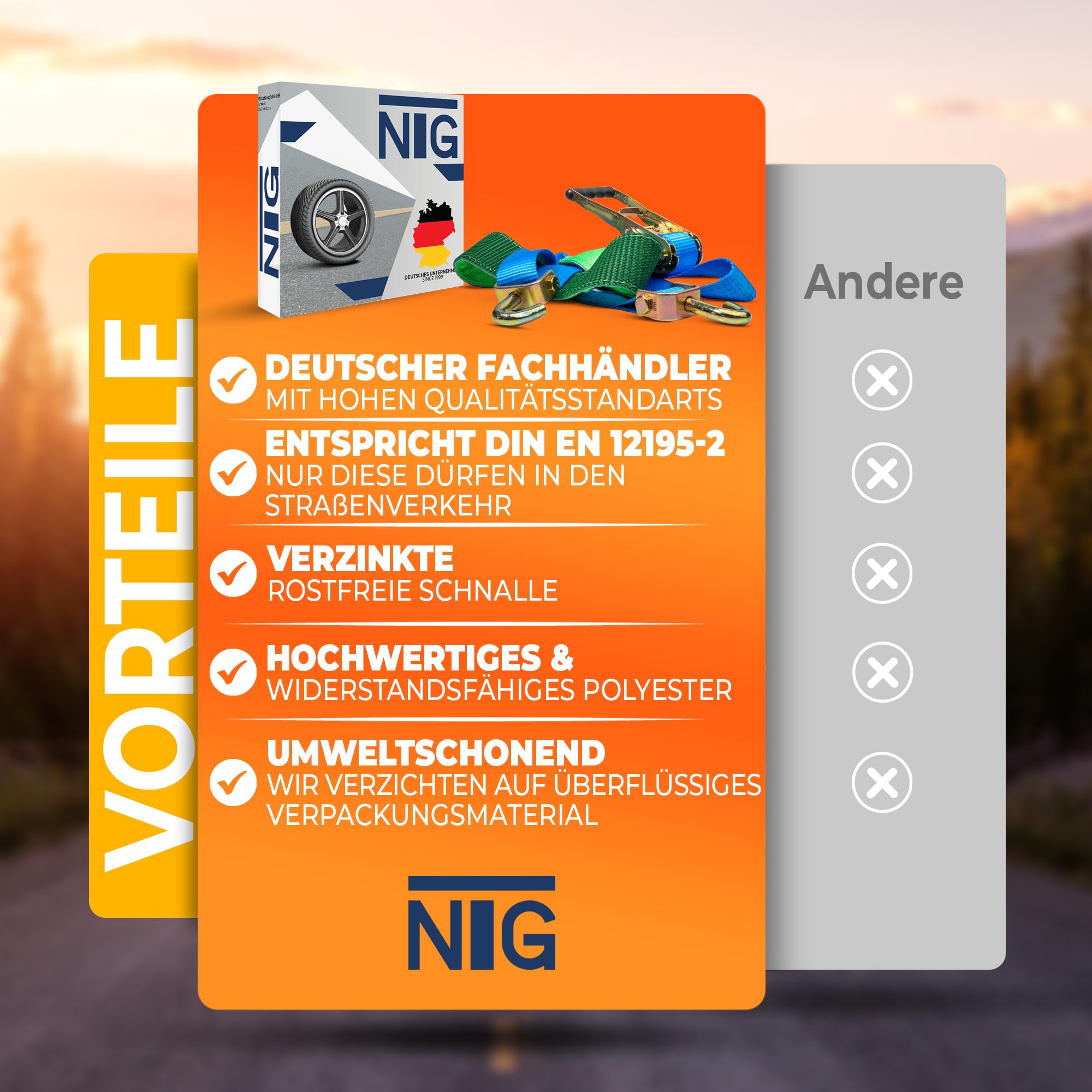 NTG 4 Stück Set Autotransport Spanngurte 2500mm lang bis 5000kg mit Grippschlauch und Wirkelhaken | Radsicherung | Gurt | Auto | Reifengurte