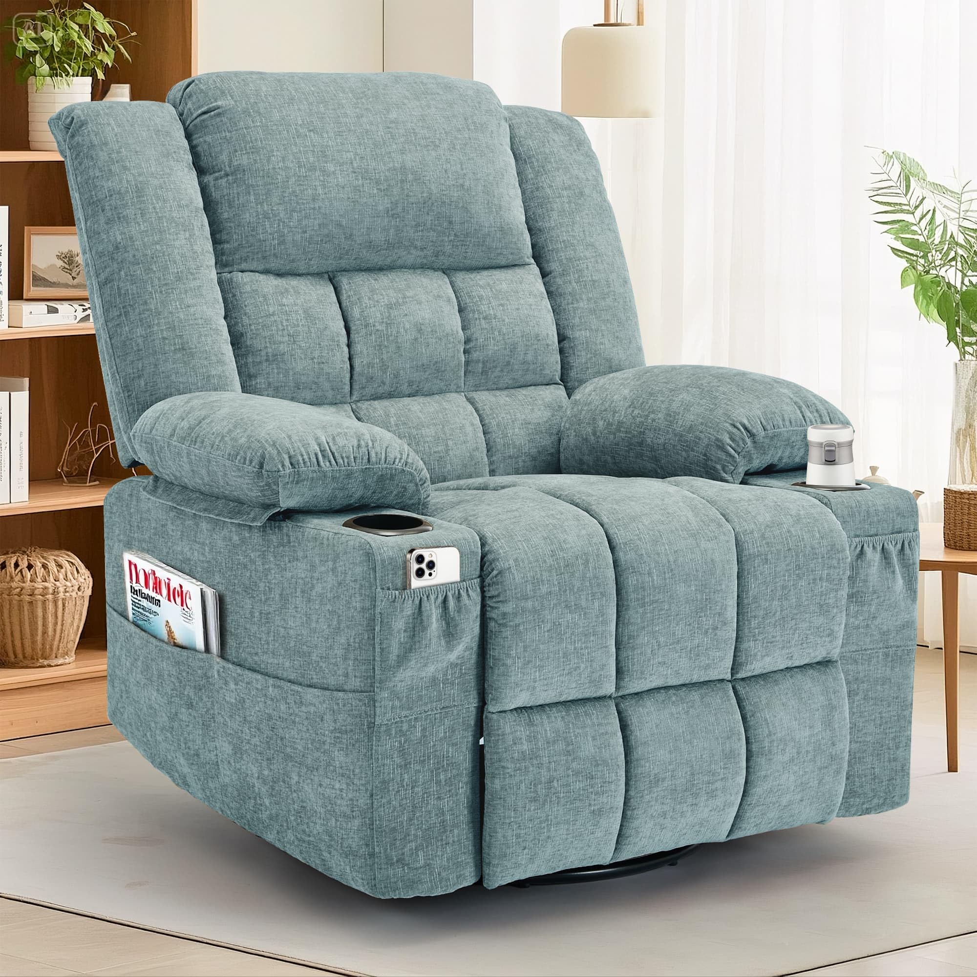 360° Swivel Rocker Recliner for Adults, Nursery Glider Recliner with Massage and Heating, Rocking Chair with Cup Holder, Manual Recliner Chair for Living Room, Bedroom (Fabric, Lake Blue)