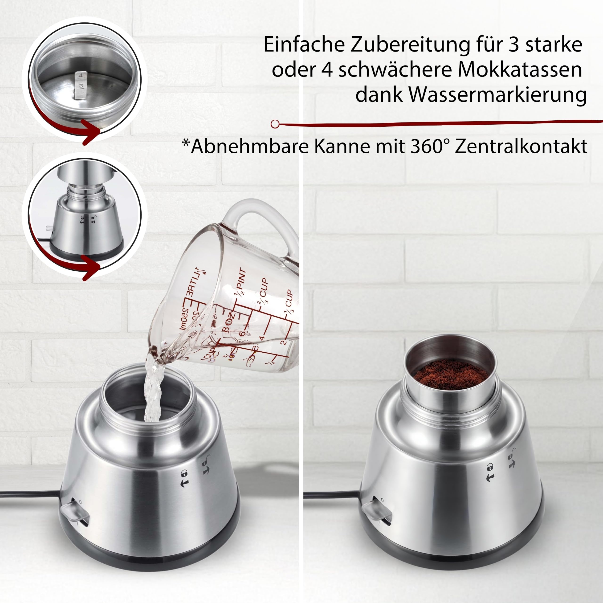 Cloer 5918 Moka Maker, elektrischer Espressokocher für 3-4 Tassen, Edelstahleinsatz, Sicherheitsabschaltung, Sicherheitsventil, An-/Ausschalter, Edelstahl, 365 W