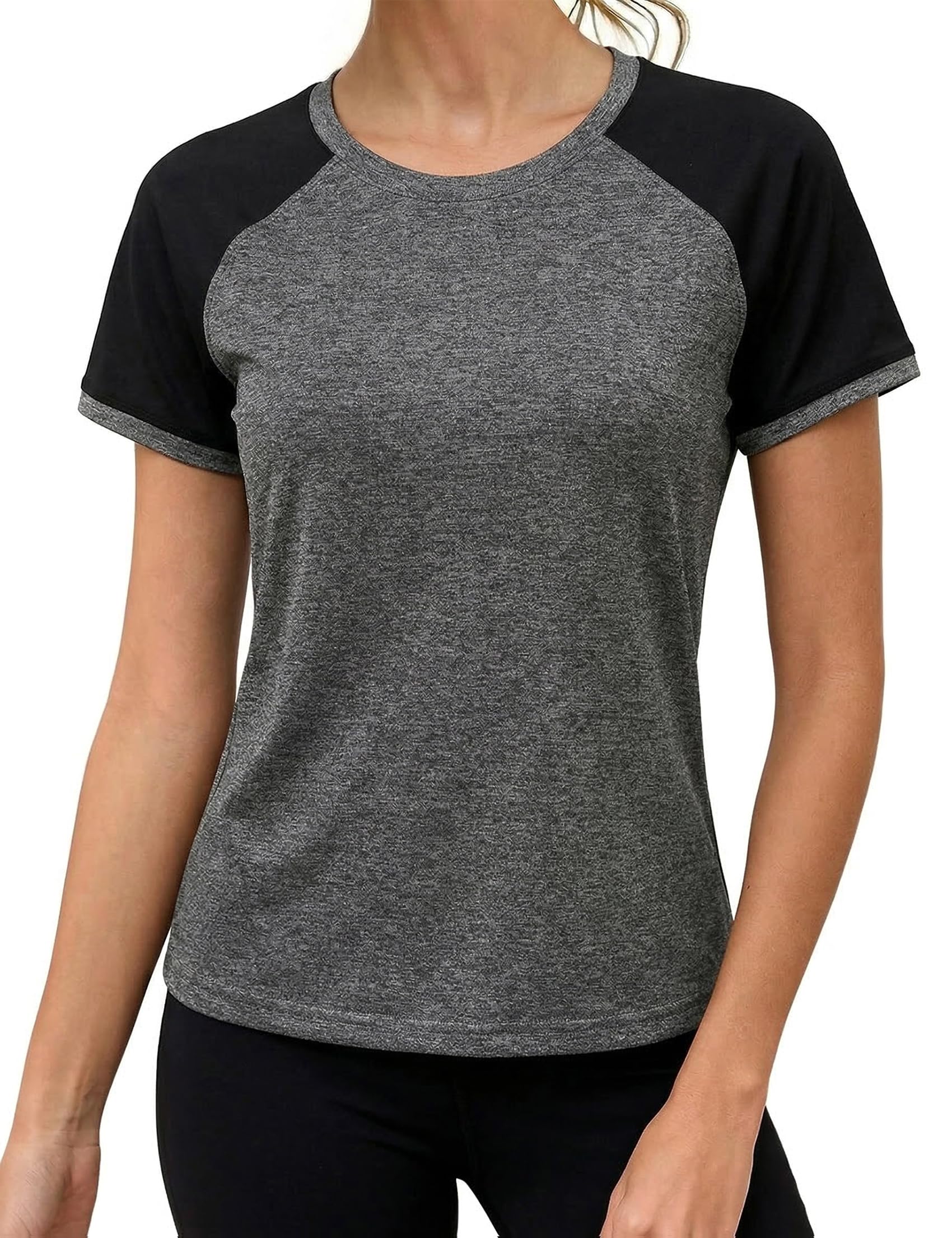 Camiseta Deportiva Mujer Manga Corta Cuello Redondo de Secado Rápido Transpirable Tops para Yoga Fitness Pilates S-XXL