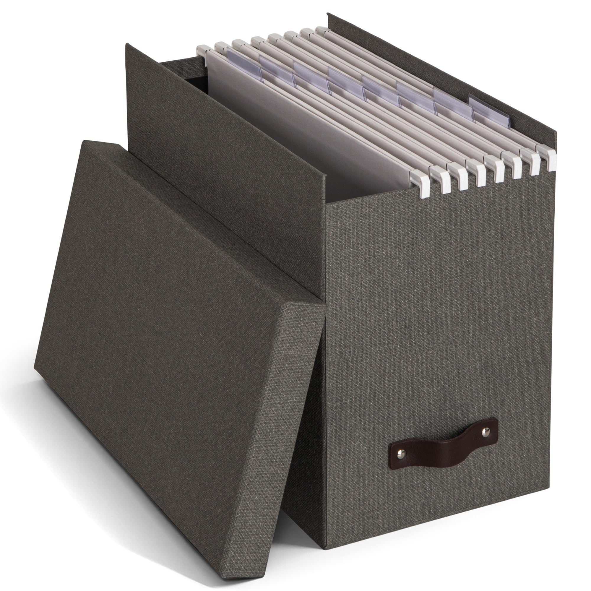 Bigso Box of Sweden File Organiser Storage with Stylish Leather Handle - Scandinavian Look Organiser Box Including 8 Hanging Files - Container for Folders Made of Fibreboard and Paper - Grey