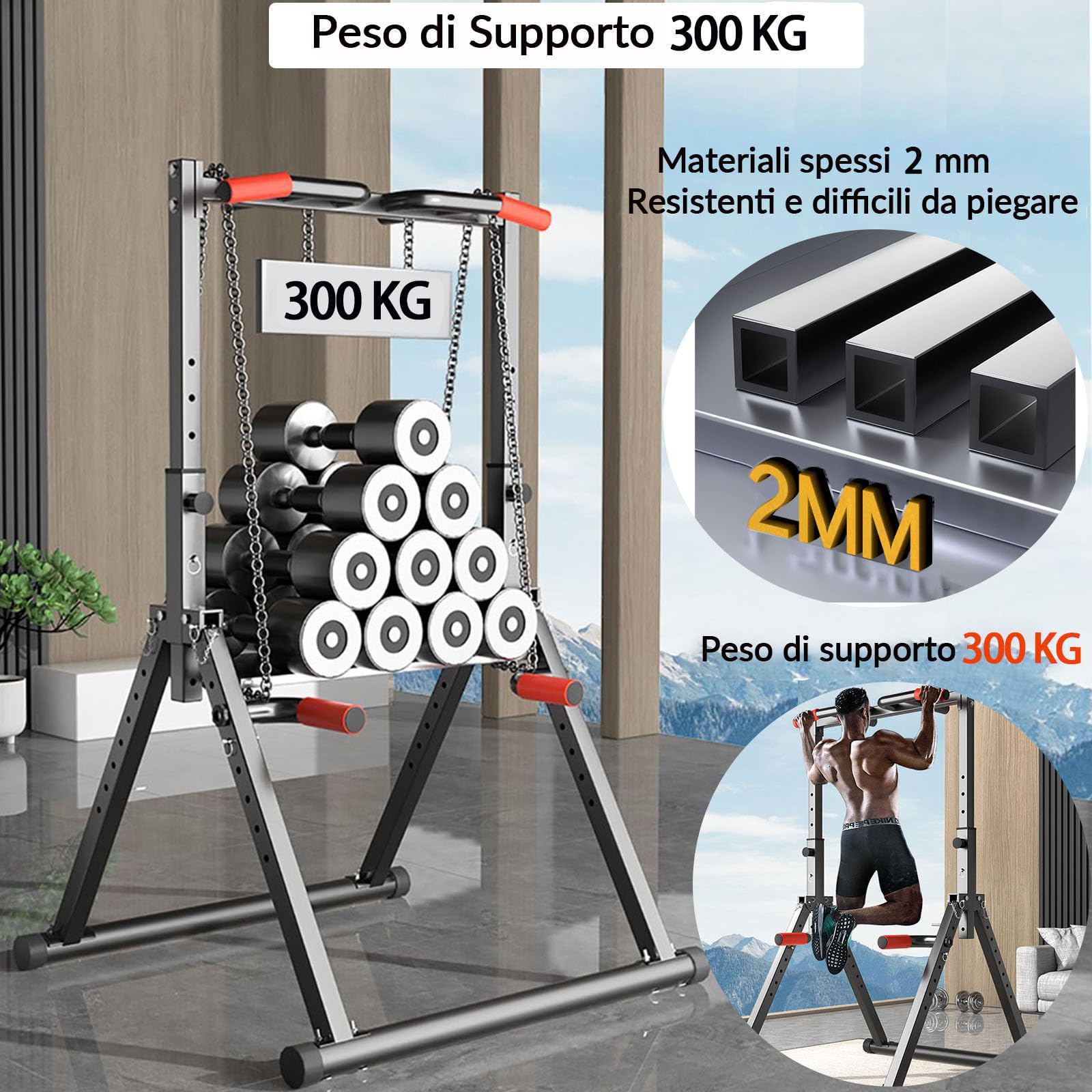 DOBESTS Power Tower Dip Station,Pieghevole Barra per trazioni autoportante，Regolabile MultifunKtional Pull Up Station Attrezzi Palestra Casa,Attrezzatura per Allenamento della Forza,Gambe Triangolari