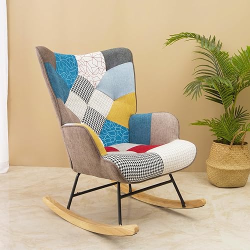 Mecedora tapizada para guardería, silla mecedora tapizada de mediados de siglo con respaldo alto y base de madera maciza para sala de estar,