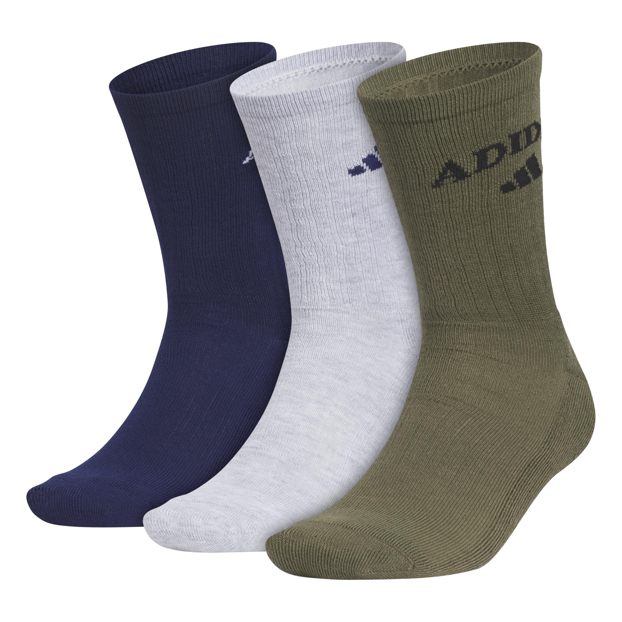 adidas Men's Foundation Sport 3-Pack Crew Socks, Dark Blue/Cool Light Heather/Olive Strata Green, L (Pack of 3)