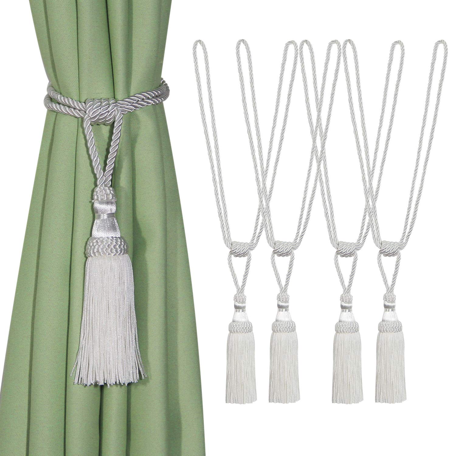Tassel Curtain Tiebacks， Curtain Tiebacks Braided Rope Ties Tassel Holdbacks 4 Pack Multicolor Home Decor(Wit)