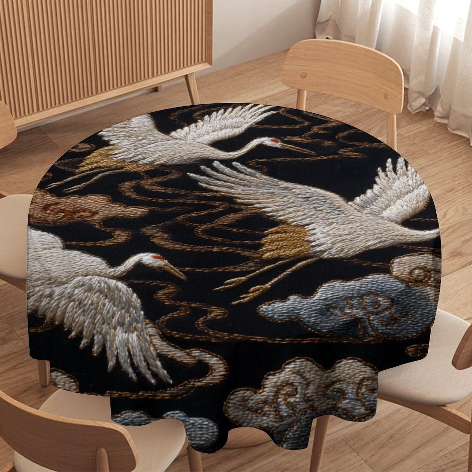 LUYYSKY Retro Watercolor Bird Crane Waterproof Round Tablecloth Antique Classic Japanese Animal Crane Cloud Oceam Waves Print Washable Table Cover for Kitchen-177.8" Wx177.8 L cm