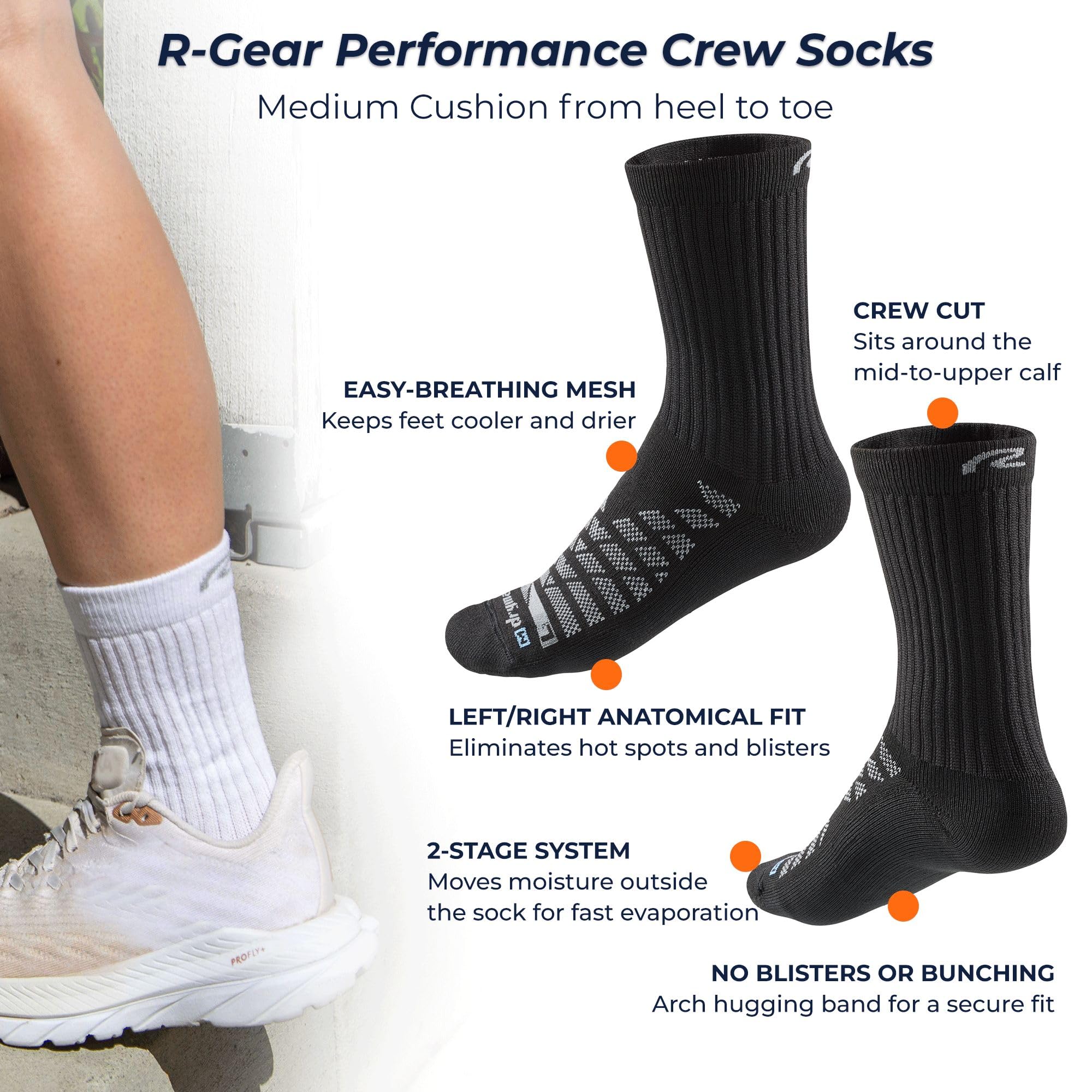 R-Gear Drymax Crew - Calzini da corsa per uomo e donna, con imbottitura leggera, traspiranti, controllo dell'umidità e anti vesciche, confezione da 3