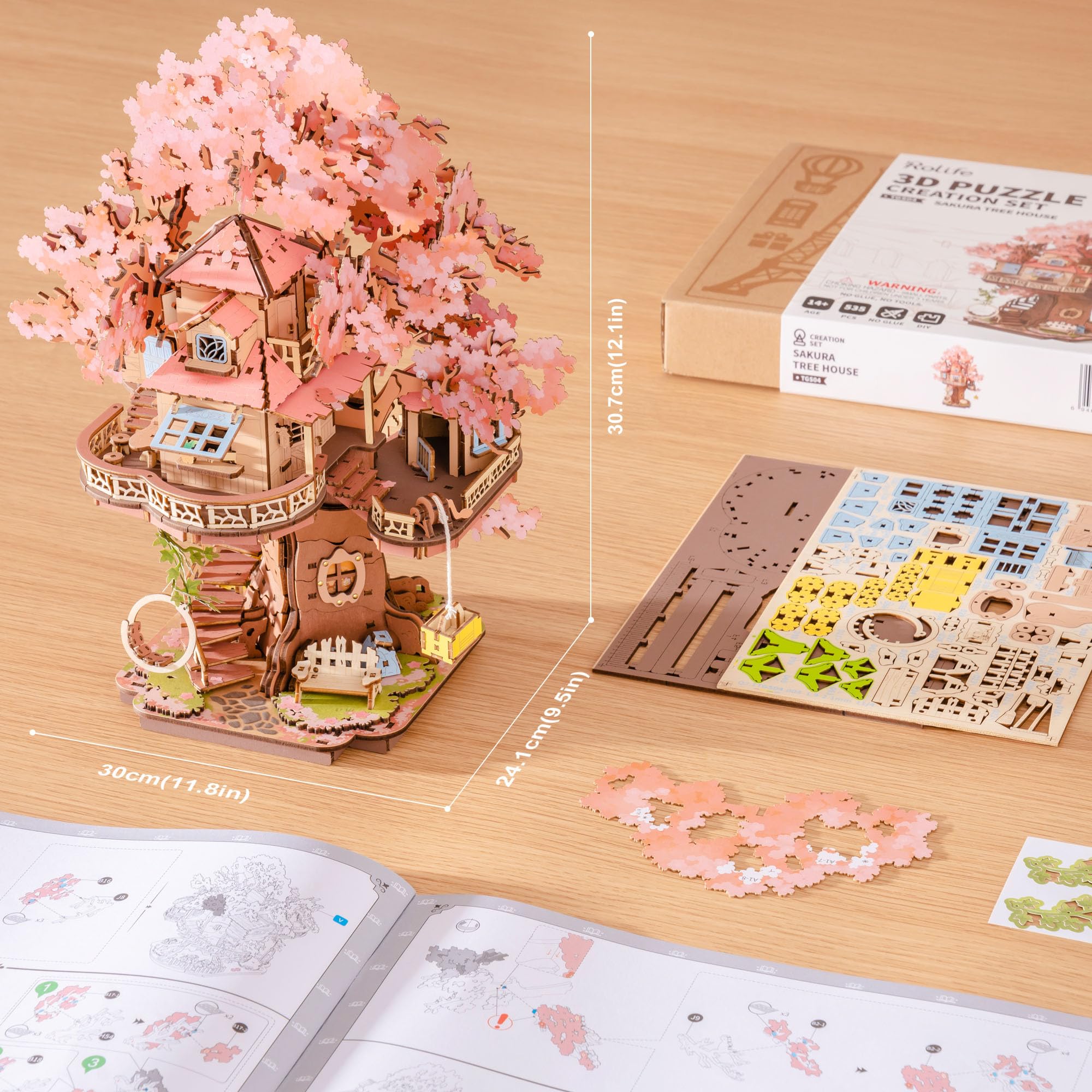 Rolife Puzzle 3D Casa Sakura sull'Albero, Puzzle Legno per Adulti 535 Pezzi, Kit per Costruire Modellini da Costruire a Fissaggio Snap-Fit, Decorazione con Fiori di Sakura Luccicanti