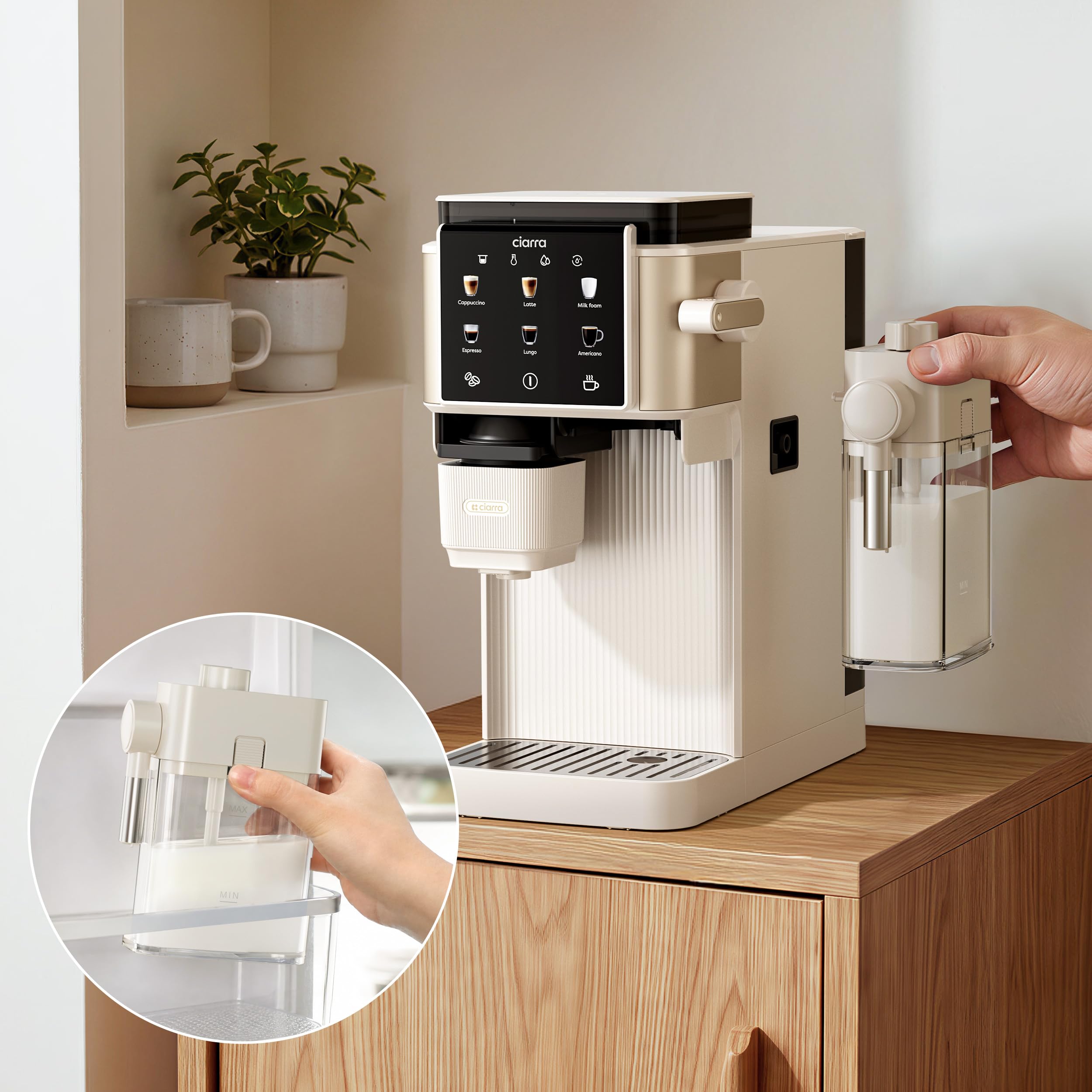 CIARRA CBSACM-D6 Macchina Caffè Espresso 15Bar con Macinacaffè e Montalatte | 1400W, Montalatte per Cappuccino e Latte, Caffè in Grani, Compatta, Decalcificazione Semiautomatica