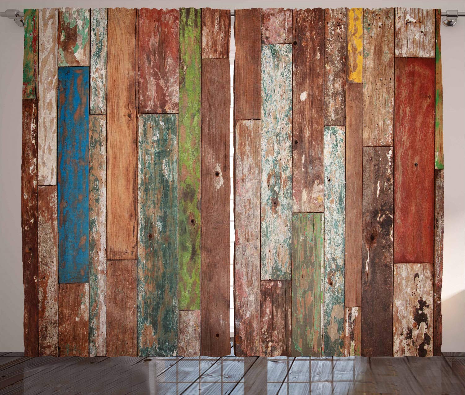 ABAKUHAUS Rustic Curtains, Grunge Style Planks Print Weathered Old Look Vintage Illustration Architecture Theme, Living Room Bedroom Window Drapes 2 Panel Set, 102 L X 110 W, Multicolor