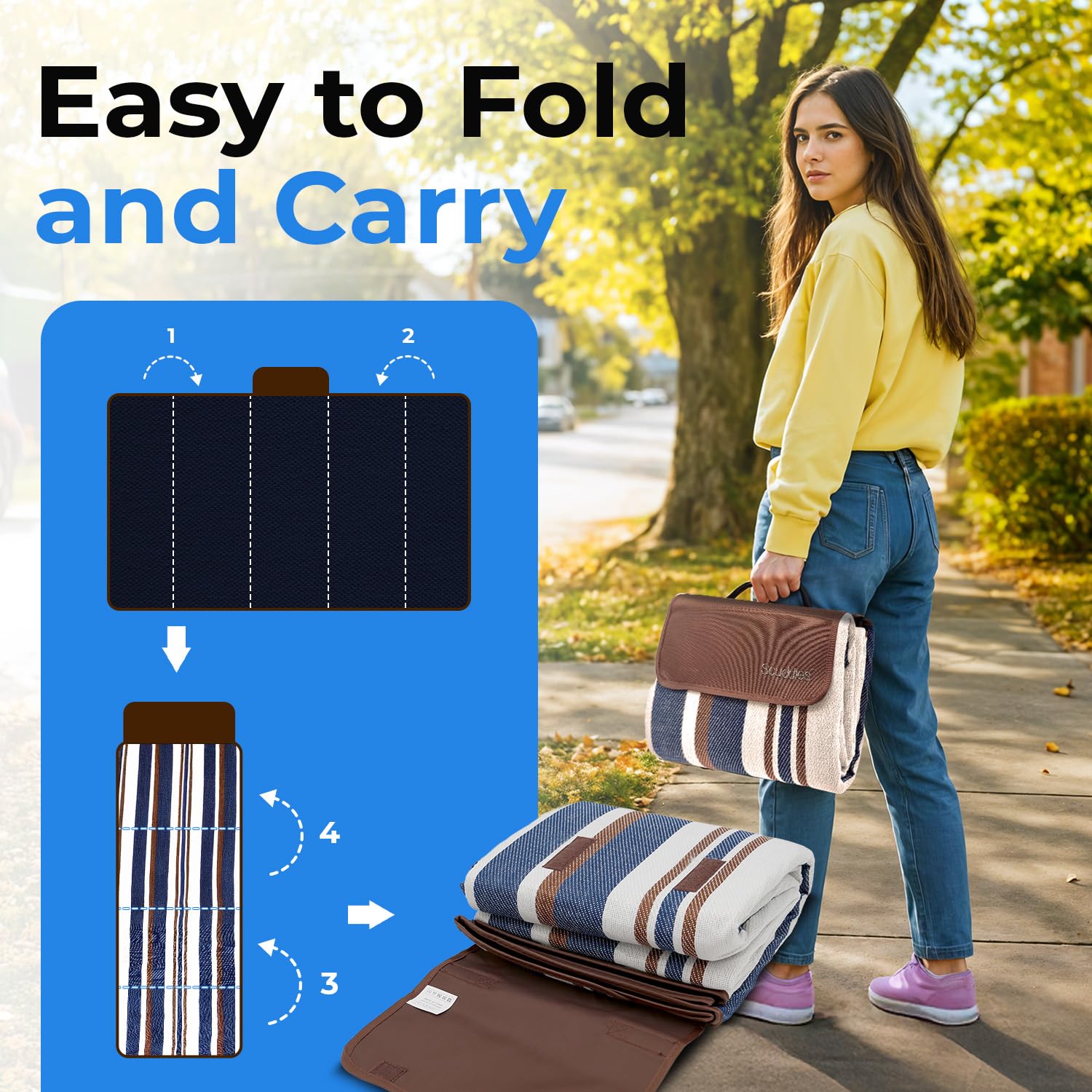 scuddles Manta de Picnic Extragrande de 203 x 203 cm, 3 Capas, Manta de pícnic, Impermeable, práctica Alfombra, Bolsa de Transporte, Manta de Primavera y Verano para la Playa