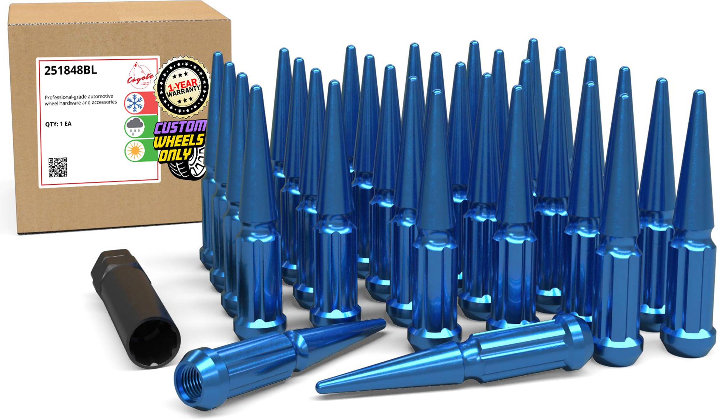 Wheel Accessories Parts Set of 32 Blue Spiked Solid Metal Lug Nuts