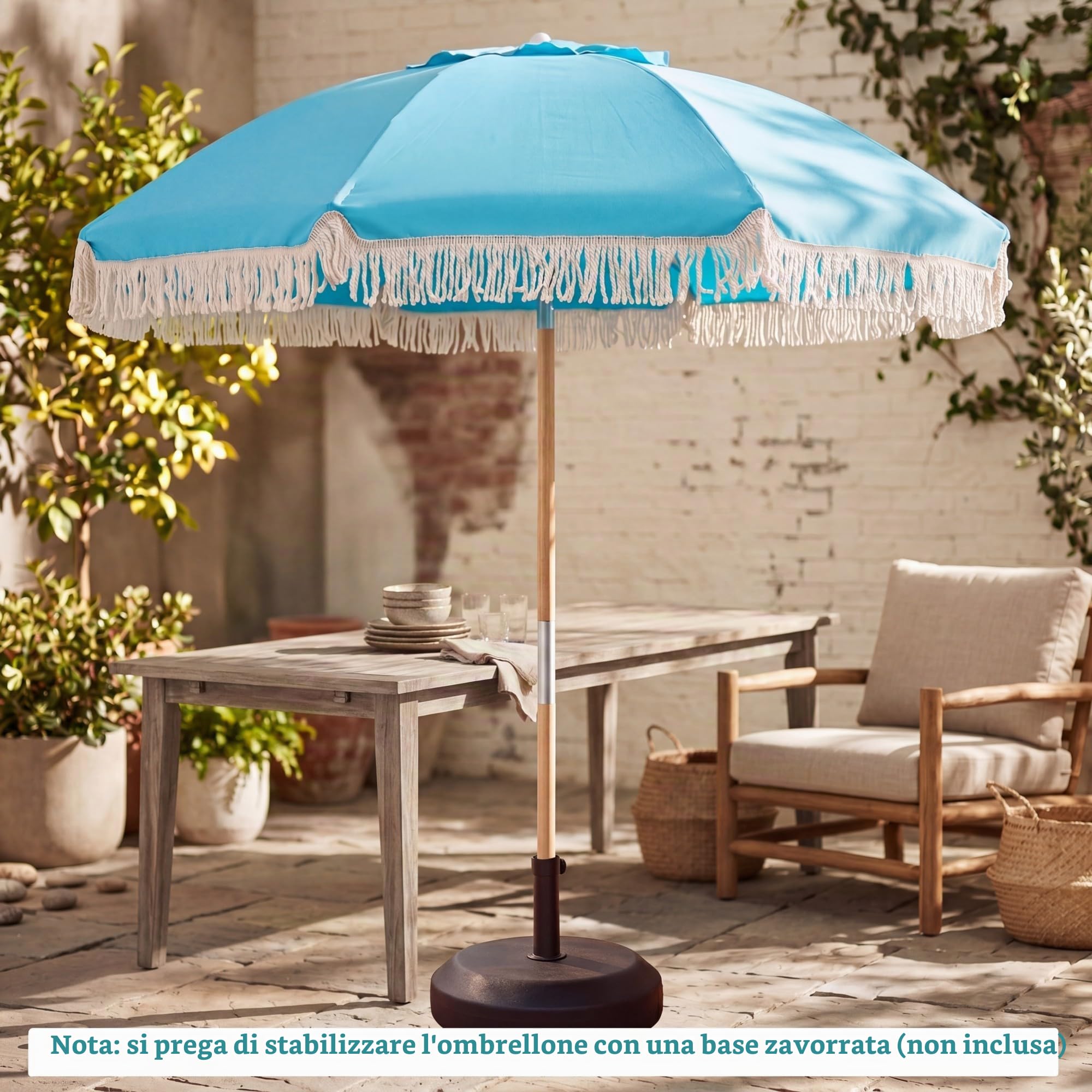 KOMFOTTEU Ombrellone da spiaggia 170 cm, ombrellone rotondo con bastone di legno, ombrellone terrazza esterna inclinabile a 30° con 8 aste e doppio strato ventilato, per giardino, balcone