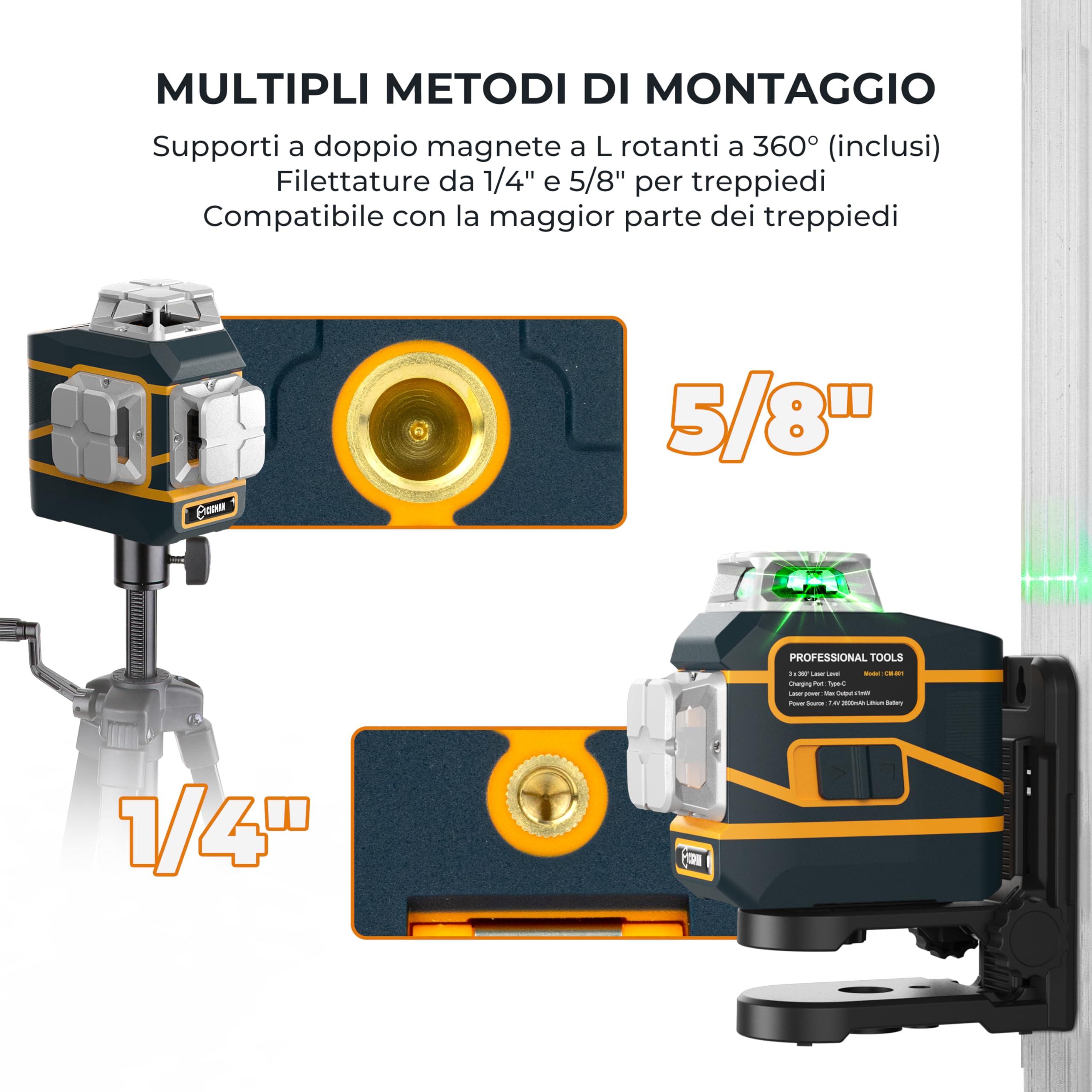 CIGMAN Livella Laser Autolivellante 3x360°,Supporto Magnetico e Rotante | 2 x Batteria Incorporata dello Li-ione, per Costruzioni e Immagini con Modalità a Impulsi