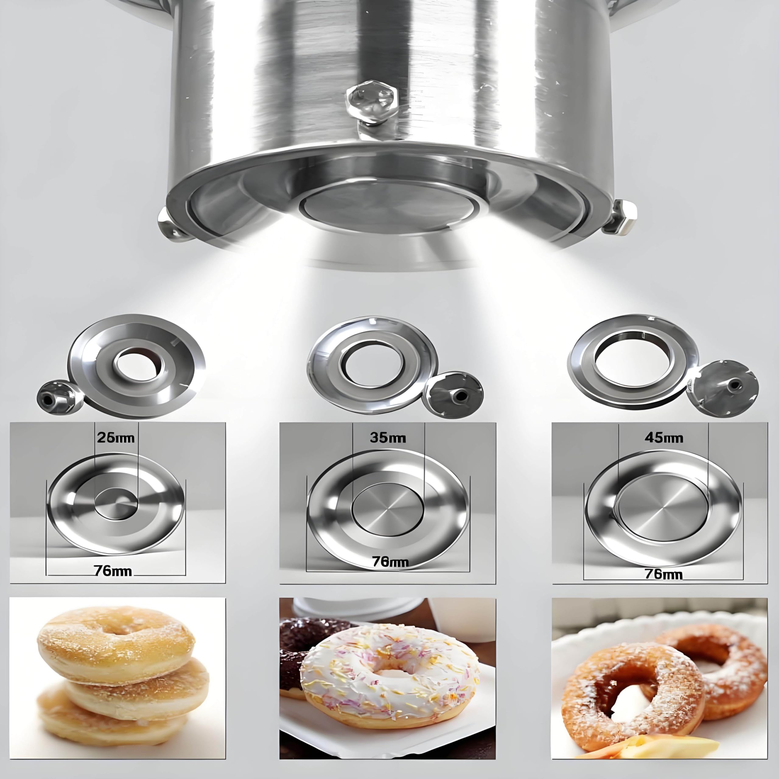 Máquina automática Comercial para Hacer donas, Equipo para Hacer donas de una Sola Fila, freidora automática de Acero Inoxidable, con moldes de 3 tamaños y conteo automático.