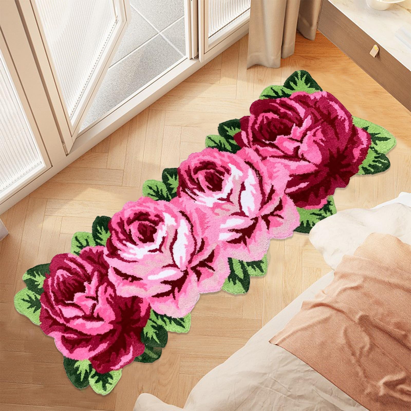 ABREEZE Pink Floral Rug - Washable Non-Slip Carpet for Bedroom/Living Room/Kitchen - Rustic Rose Flowers Area Carpet Home Decor