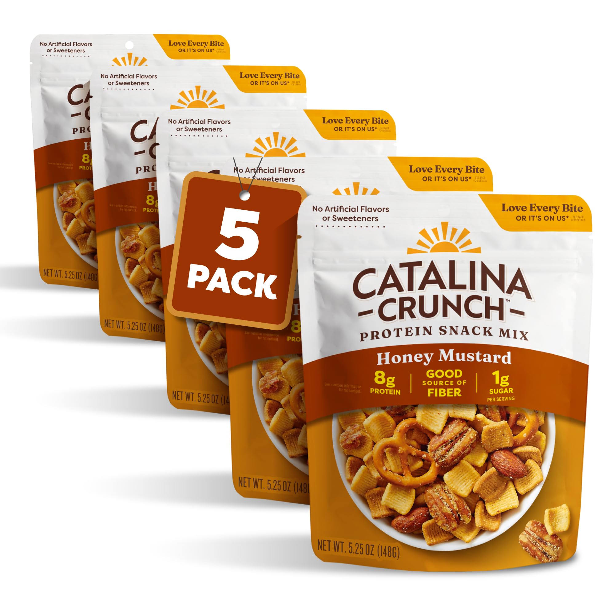 Catalina Crunch Protein Snack Mix | 8g Protein, 1g Sugar per Serving | Good Source of Fiber, Keto, Gluten Free | Honey Mustard, 5.25 Ounce Bag (Pack of 5) - Packaging May Vary