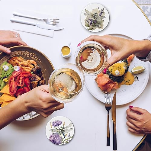 Miniatura 6 de Juego de 6 posavasos para bebidas, diseño de libélula y flores, redondo, de cerámica, con base de corcho, tapete de protección de mesa para tazas y