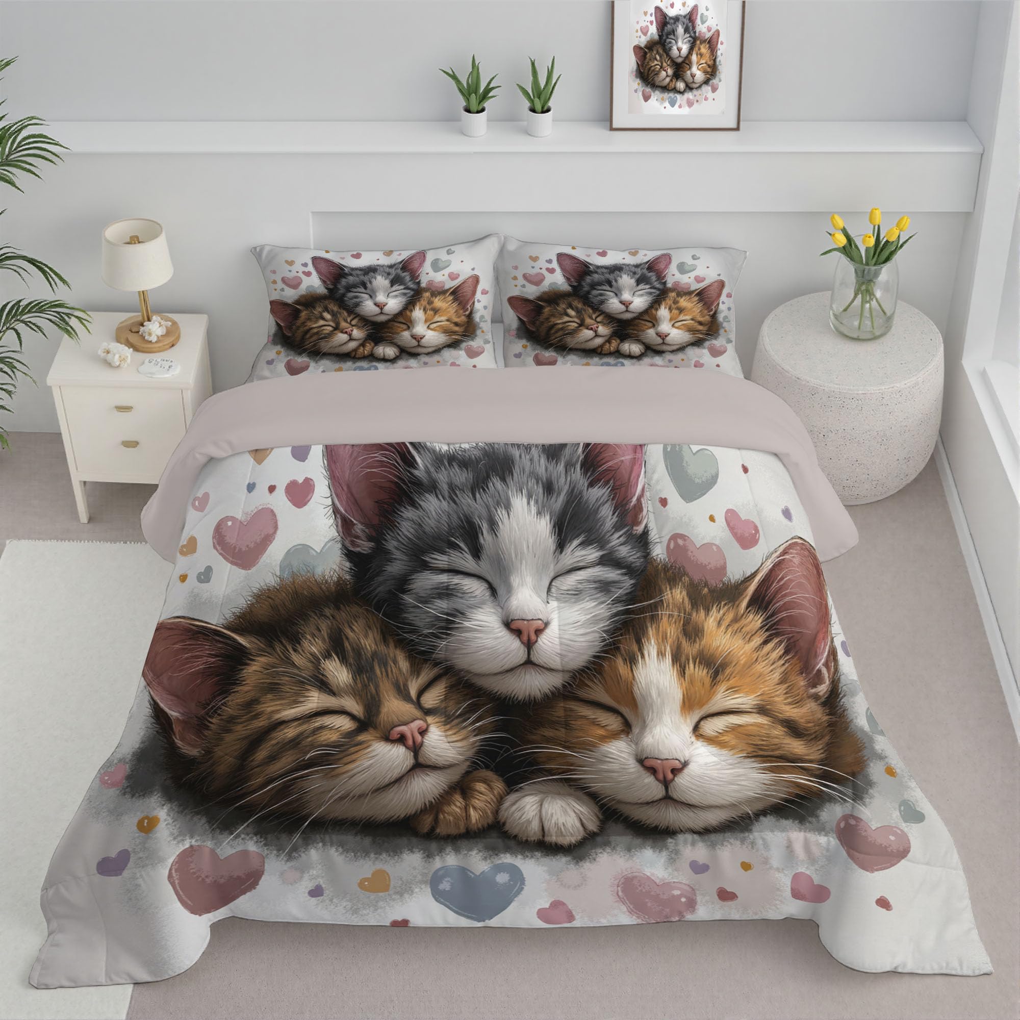 Trapunta Letto Singolo 4 Stagioni Piumone per Bambini, Cartone Animato Tre Gatti Leggero Carini Animali Set di Biancheria da Letto 140x200cm con 1 Federe,Piumino Lavabile In Lavatrice