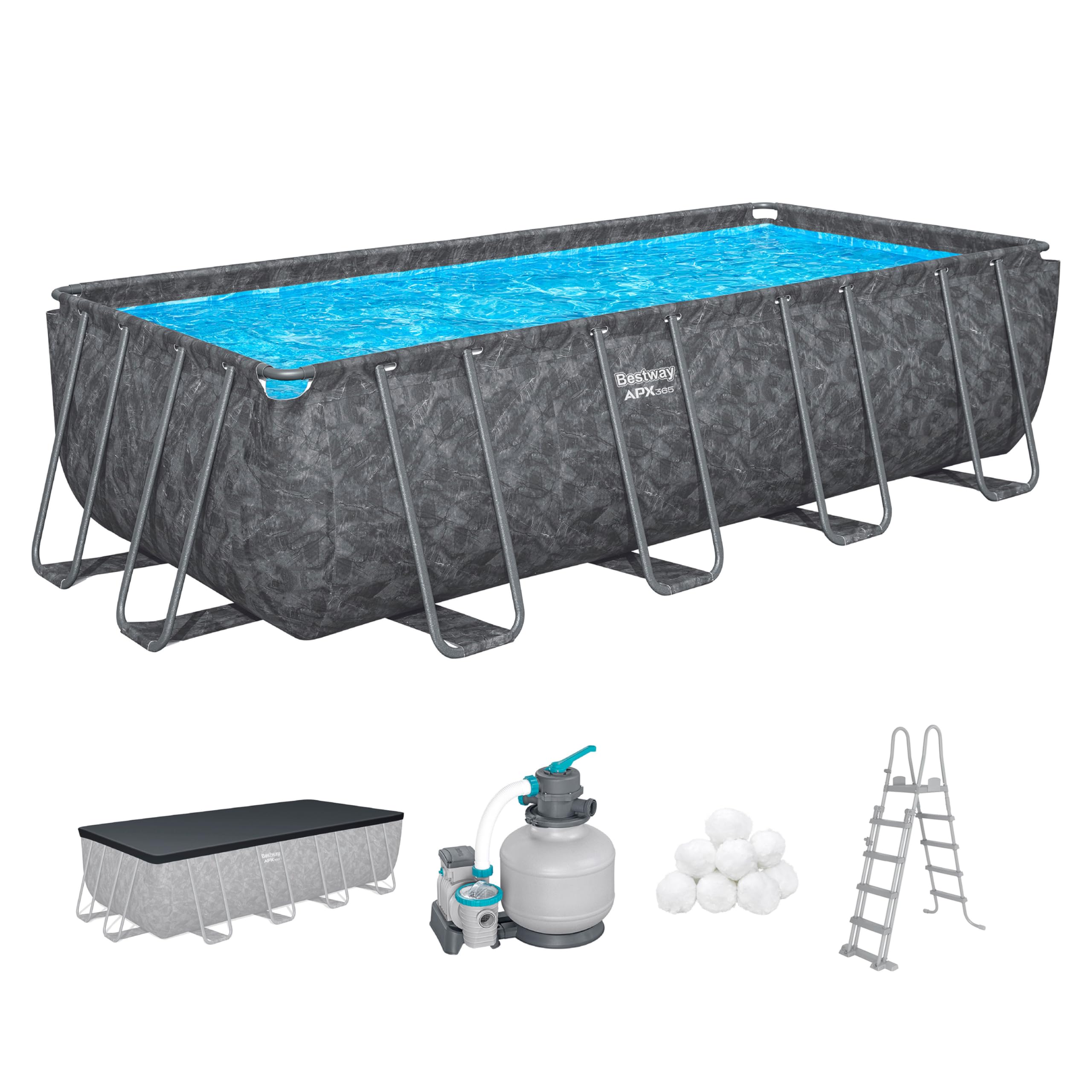 Bestway APX365 Winterfestes Frame Pool Set, Sandfilteranlage, 549 x 274 x 132 cm, 16.477 L, Stahlrahmen, Polar-Shield, Dunkle Marmor-Optik, Sicherheitsleiter, Abdeckplane, Werkzeugloser Aufbau, DEKRA