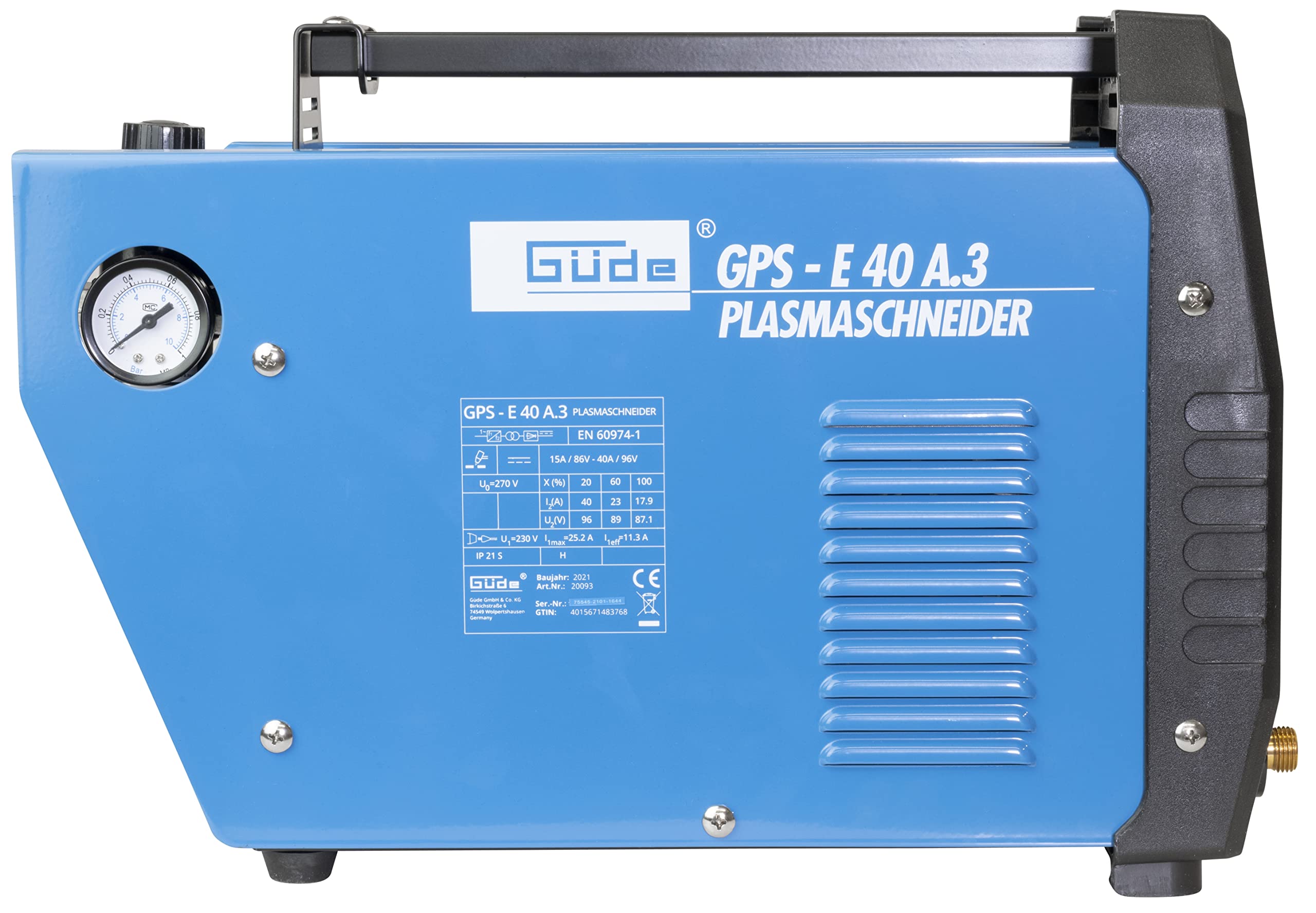 Güde 20093 GPS-E 40 A.3 Plasmaschneider (230 V, Arbeitsdruck 3-6 bar, Materialstärke max. 12 mm, für Stahl, Edelstahl, Kupfer oder Aluminium geeignet)