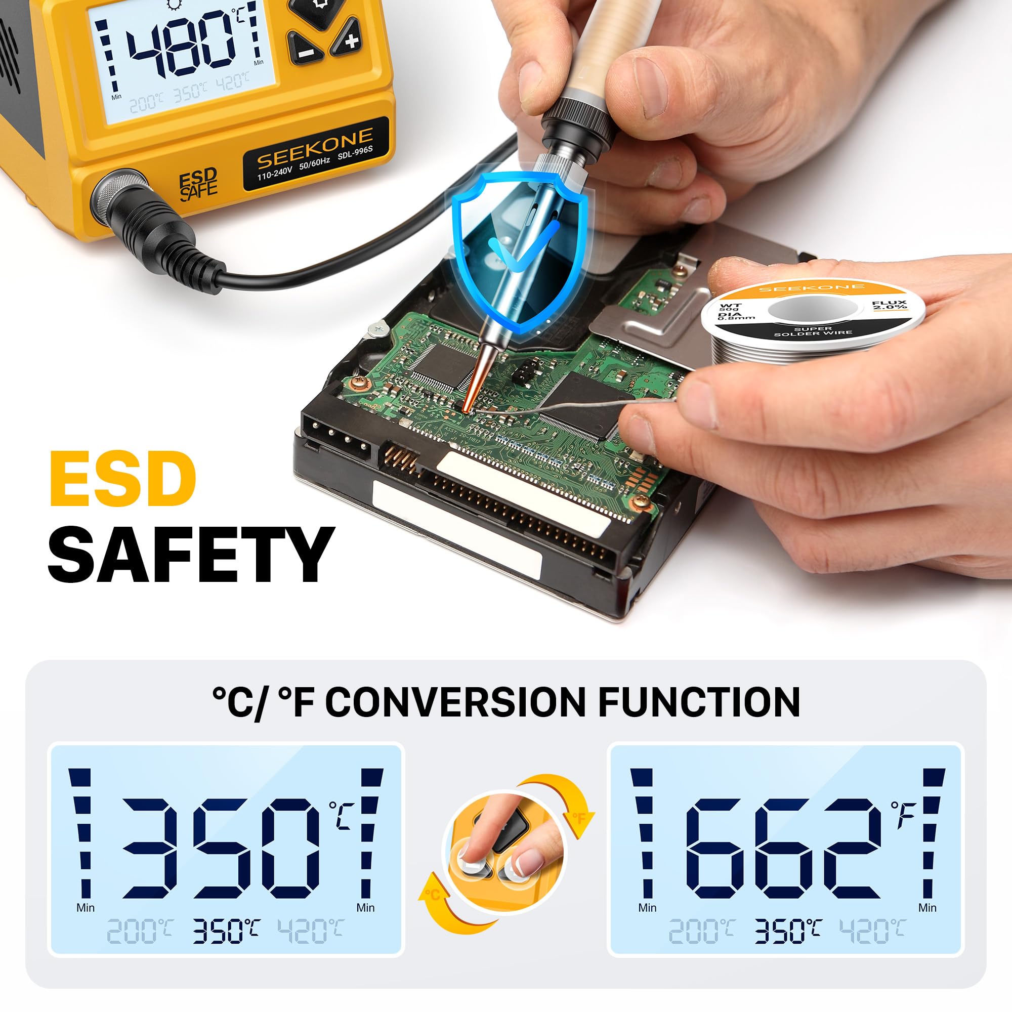 SEEKONE Lötstation 60W, Profi Lötkolben Einstellbare Temperatur 200℃-480℃ mit LCD Displayanzeige, Digitale Lötkolbenstation mit 5 Lötspitzen, °C/°F Umrechnung, Standby Funktion, Power-On Speicher