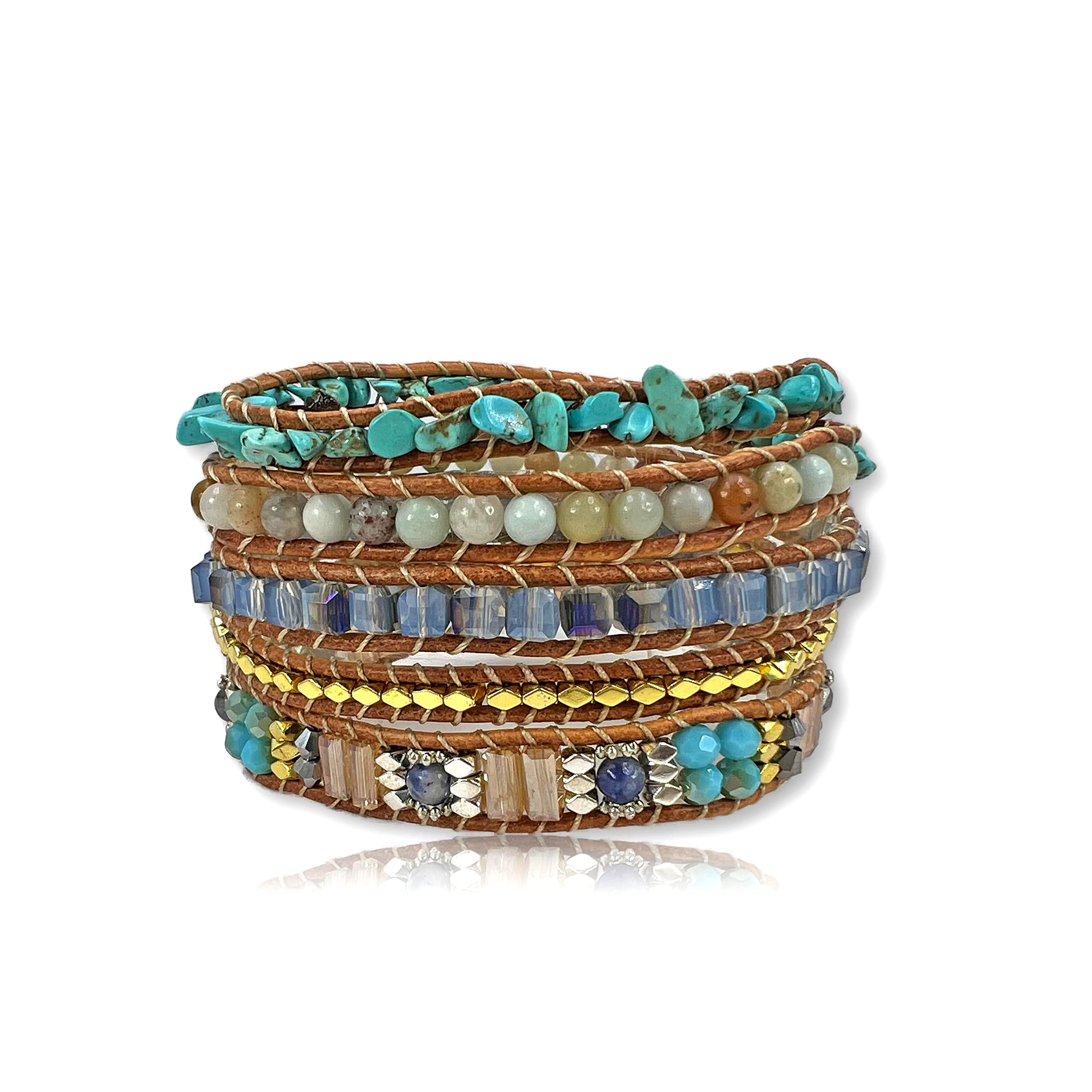 MGR MY GEMS ROCK! 35-Inch Long Multi-layer Hand Crafted Gemstone and Crystal Multi-stone Beaded on Genuine Leather Boho Style Stackable Super Wrap Bracelet, up to 5 Wraps.