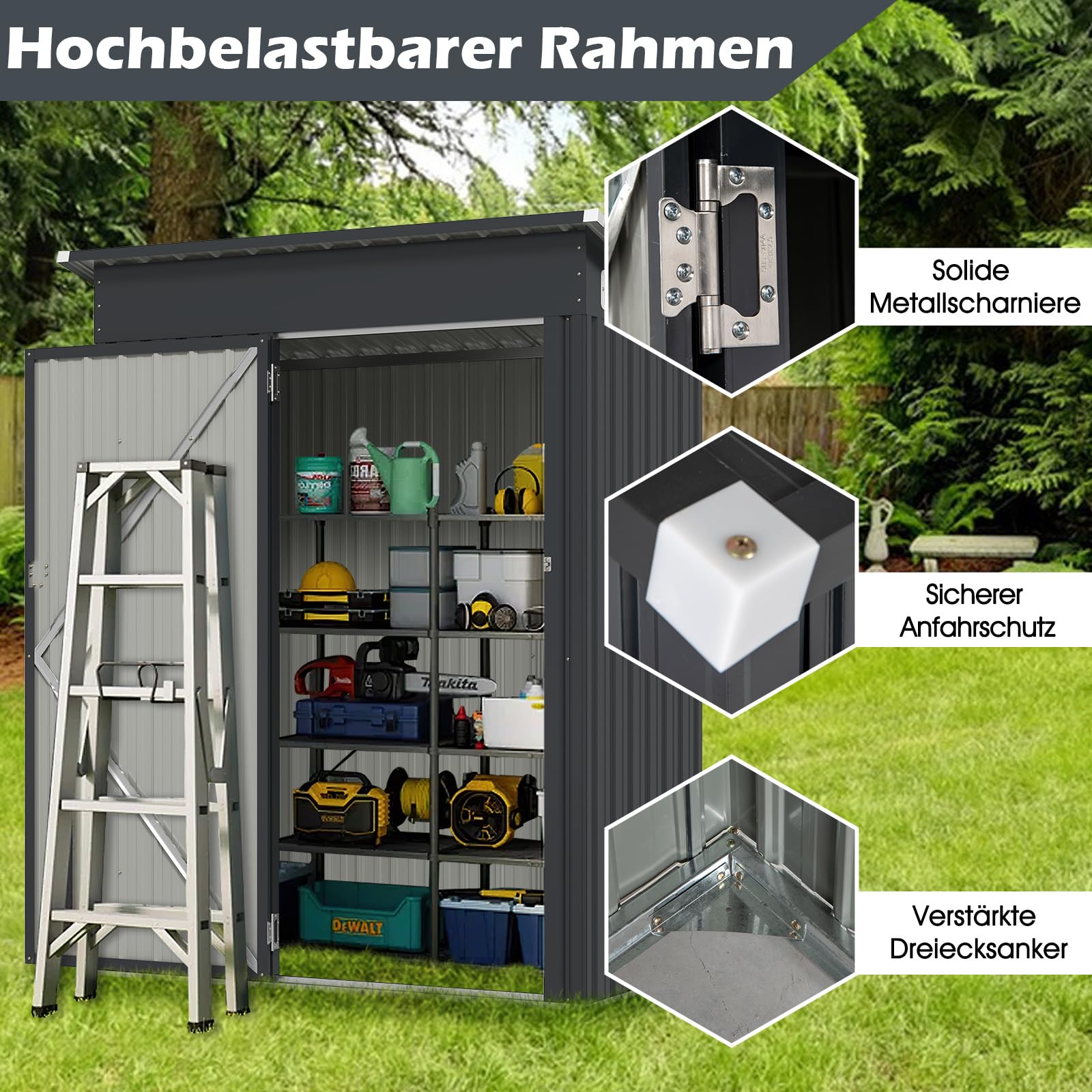 COSTWAY Gartenhaus Metall, Gerätehaus mit Pultdach & Tür (Dunkelgrau) | Geräteschuppen abschließbar, Gartenhütte Gartenschuppen, Garten Schuppen Outdoor, 150 x 90,5 x 185 cm | 1,5 m³
