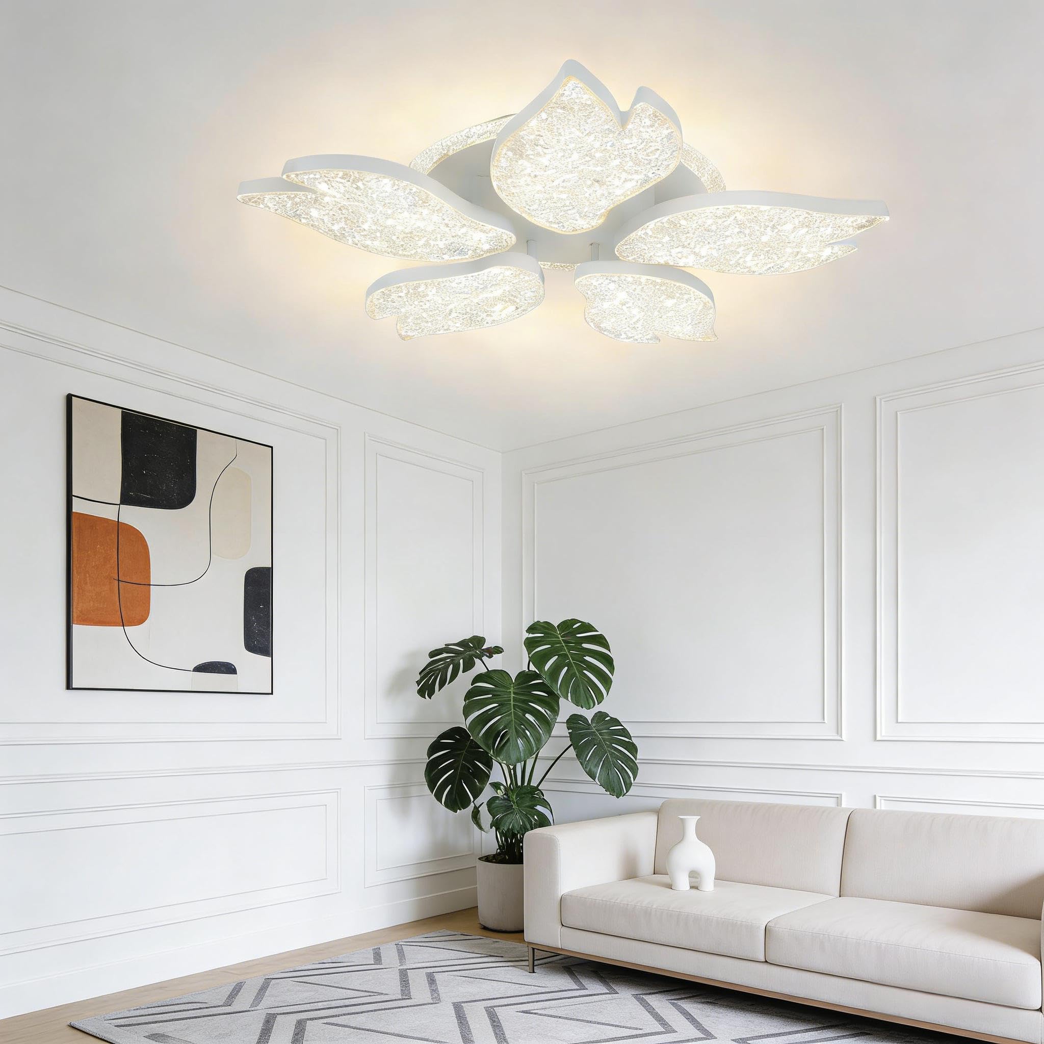 Lampadario Soggiorno Moderno con Telecomando e APP,Plafoniera Led soffitto con modalità di memoria e Timing,65W, 6750LM,3000K-6000K,Illuminazione da Soffitto (Bianco, 60 * 60 * 10)