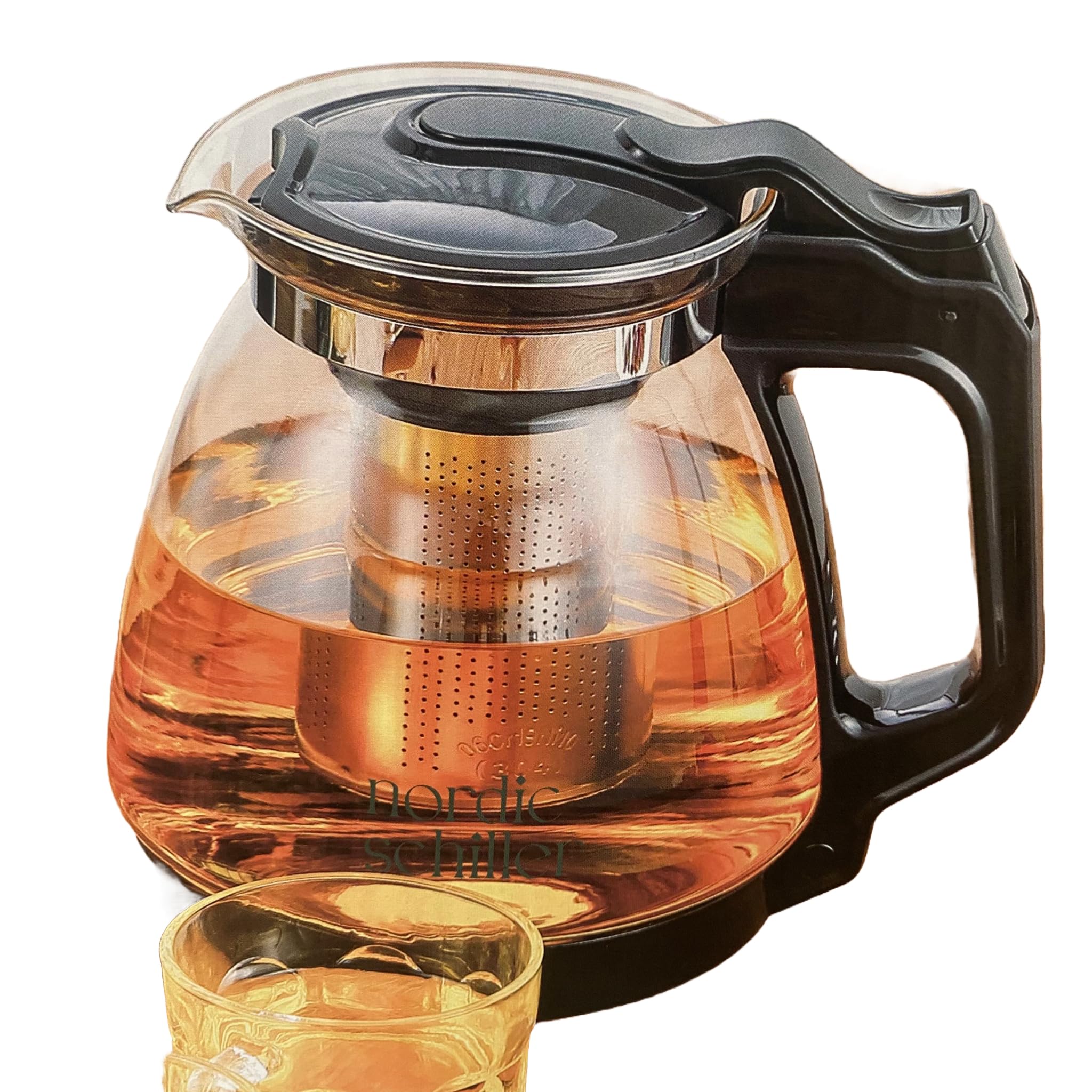 NORDIC SCHILLER Teiera in vetro da 1,7 l con filtro in acciaio inox, resistente al calore, lavabile in lavastoviglie, per gli amanti del tè