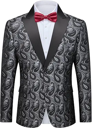 YND Men's Floral Suit Blazer, Slim Fit Paisley Tuxedo Jacket with Shawl Lapel and Bow Tie