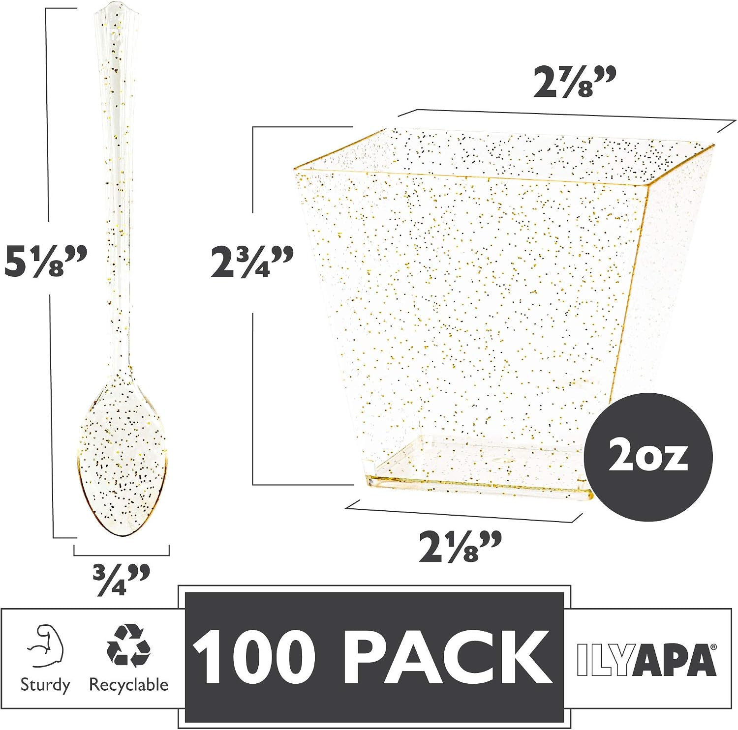 100 Mini Plastic Dessert Cups with Spoons - 2 oz Gold Glitter Dessert Shooters for Chocolate Desserts, Appetizers, Samplers, Shot Glasses & More