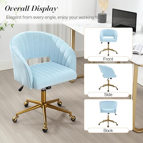 Miniatura 8 de Homedraft Silla de escritorio giratoria para oficina en casa, moderna silla de escritorio de terciopelo, sillón de altura ajustable con base dorada,