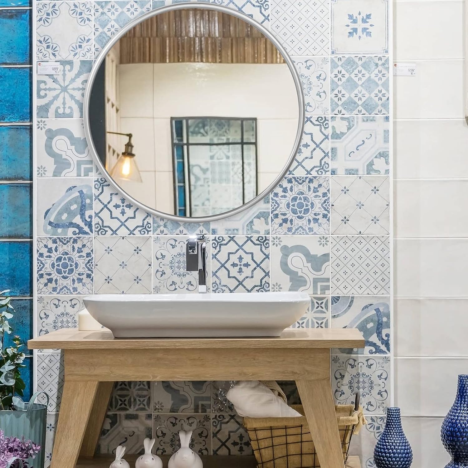 FUIN 22" Wall Mounted Framed Round Mirror, Silver with Circle Metal Frame, for Modern Vanity Bathroom