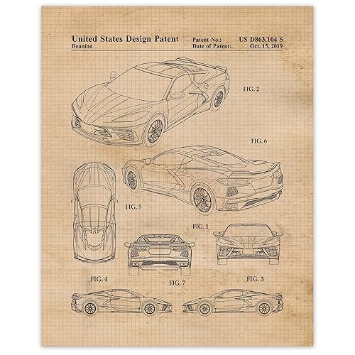 Vintage Corvette C8 Patent Prints, 1 (11x14) Unframed Photos, Wall Art Decor Gifts Under 15 for Home Office Garage Shop Man Cave College Student