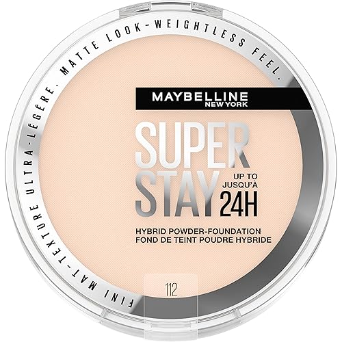 Maybelline Super Stay Up Up - Base híbrida en polvo hasta 24 horas, maquillaje de cobertura media a completa, acabado mate, 112, 1 unidad