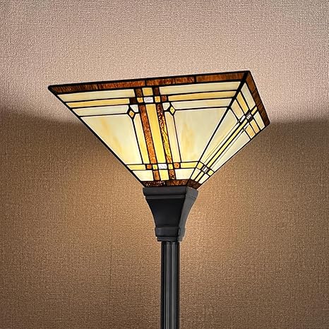 Capulina Capulina Tiffany Lamp Stained Glass Torchiere Floor Lamp 69 Inches Tall Industrial Pole Cream Color Mission Tiffany Style Standing Lamp for Home Office Living Room Bedroom