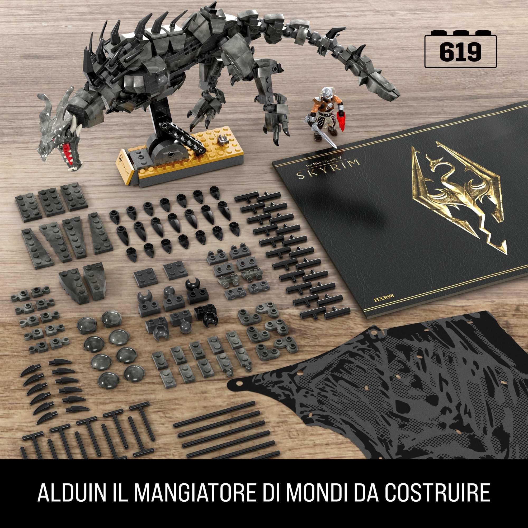 MEGA Skyrim - Alduin il Mangiatore di Mondi, set da costruire con 619 pezzi e 1 personaggio Sangue di Drago snodato incluso, per i fan del gioco e da collezione, 17+ anni, HXR98