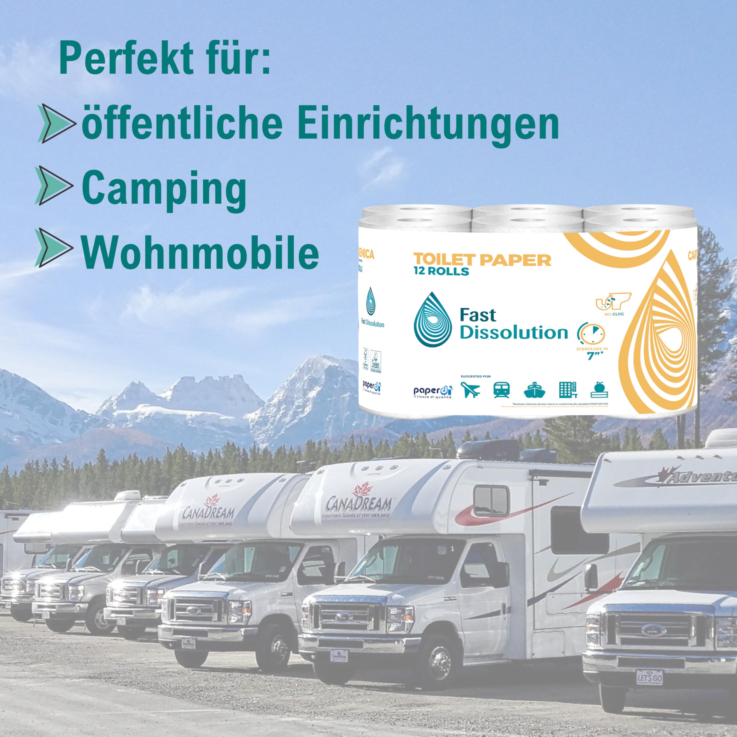 96 Rollen Selbstauflösendes Camping Toilettenpapier | 2-lagig | 165 Blatt/Rolle | Perfekt für Camping, öffentliche Einrichtungen & Wohnmobile | Lieferumfang 96 = 8 Beutel a 12 Rollen