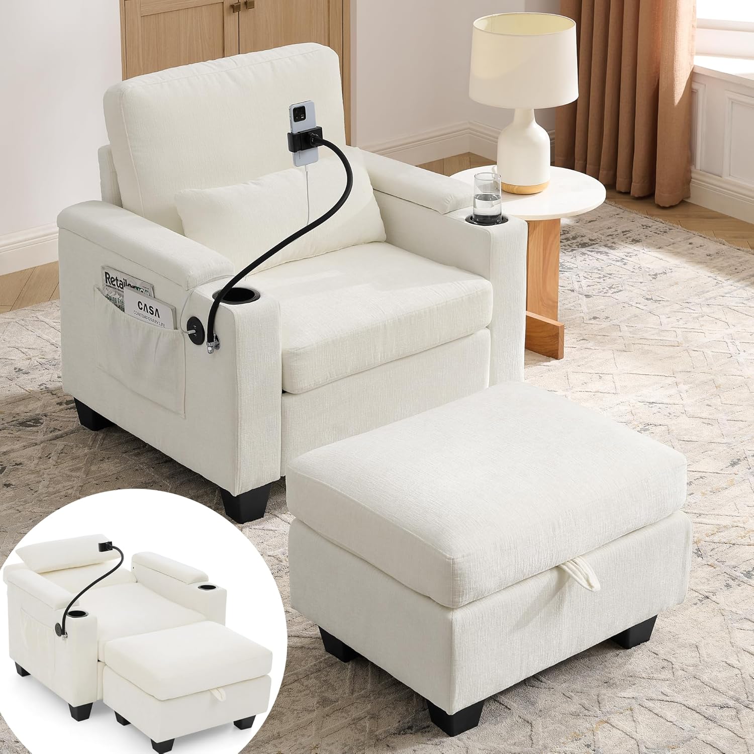 37"W Chaise Lounge Chair with Adjustable Backrest, Phone Holder & Storage Ottoman, Small Sofa Bed with Storage Armrest, USB Ports, Side Pocket & Cup Holders for Living Room, Apartment, Office,Beige