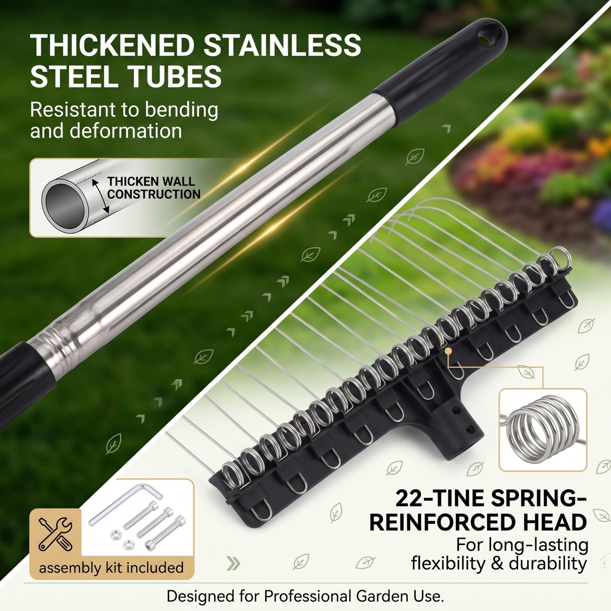 5, 25 Fuß 4-teiliger, Verstellbarer Laubharken aus Metall mit 22-Zinken-Edelstahlkopf, Leichter Gartenrechen für Gartenrasen, Blätter, Grasschnitt und Schmutzreinigung