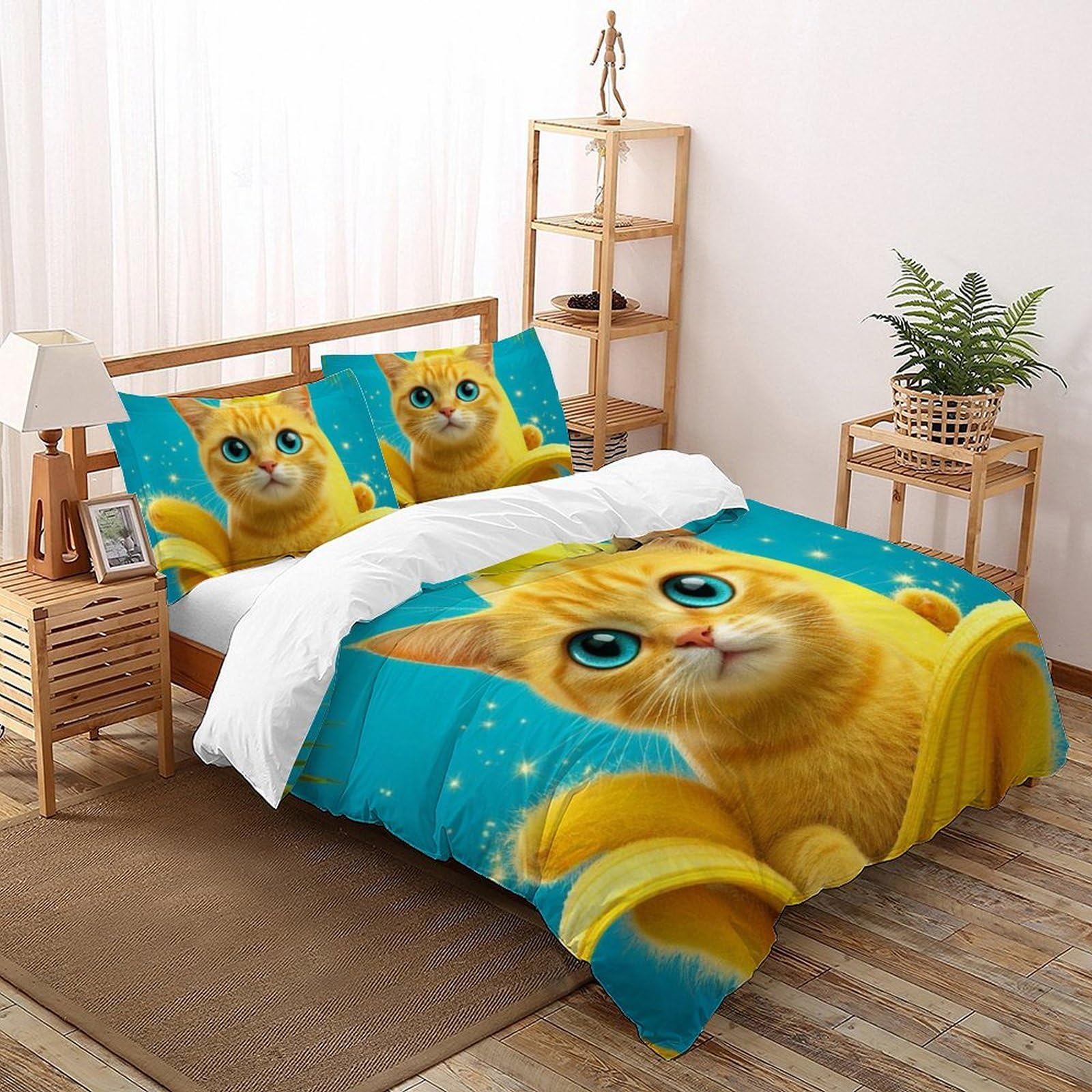 Housse de couette Super King imprimé chat banane en microfibre douce 260x220cm
